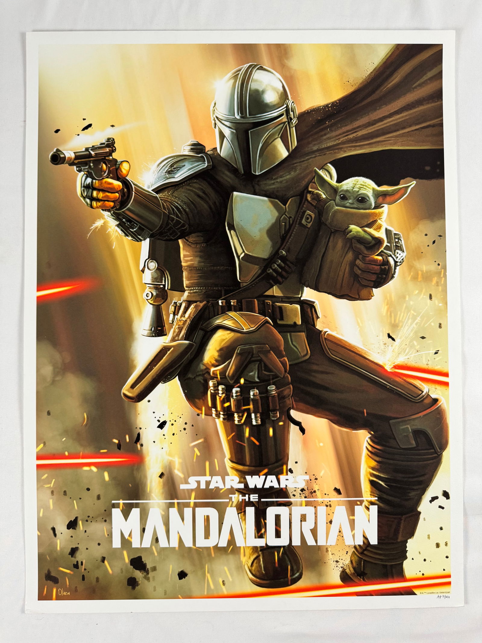Star Wars The Mandolorian by Pablo Olivera Signed AP Artist Print Numbered 11/40 Original Poster: The Mandalorian is an American space Western television series created by Jon Favreau for the streaming service Disney+. It is the first live-action series in the Star Wars franchise and begins five y