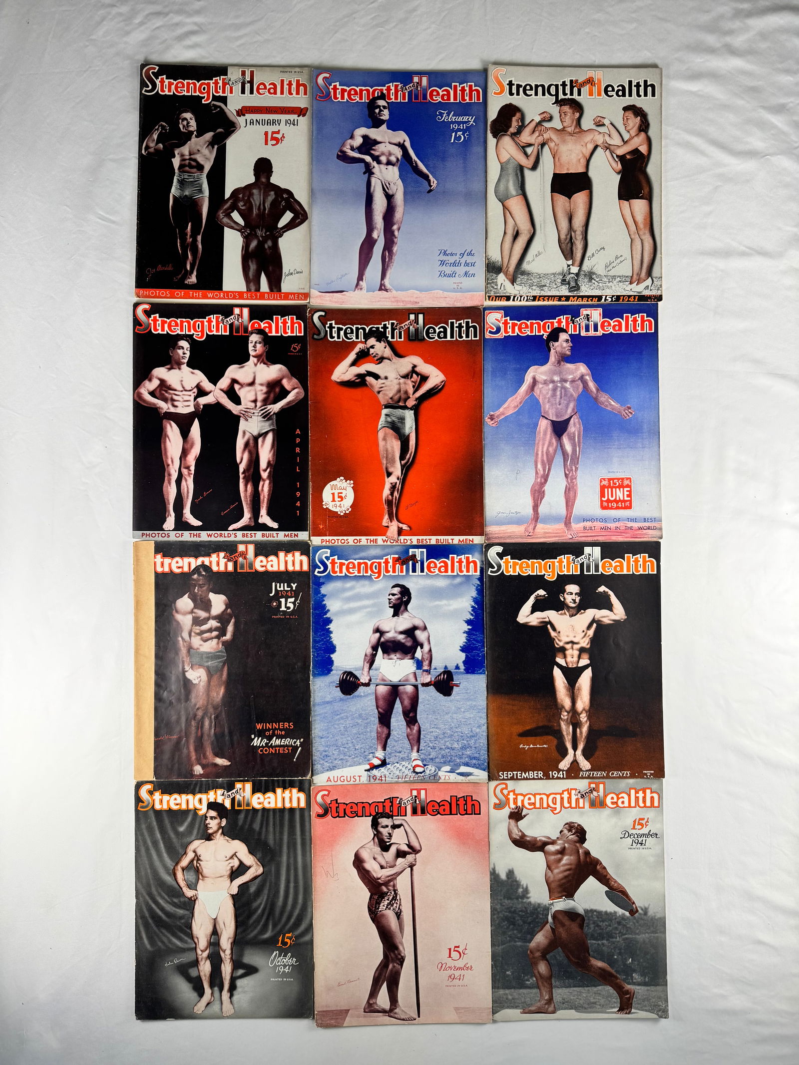 Lot of 12 Strength & Health Bodybuilding Magazines (1941): Group lot of twelve Strength & Health magazines from 1941. Includes January February March April May June July August September October November and December issues.