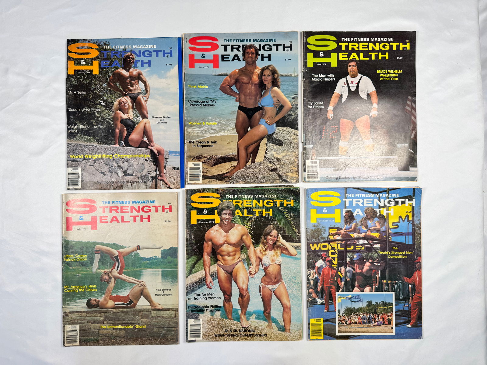 Lot of 6 Strength & Health Bodybuilding Magazines (1978): Lot includes six issues of Strength & Health magazine dated March, May, July, September, November, and December 1978. Covers feature bodybuilding, weightlifting competitions, and fitness-related subje
