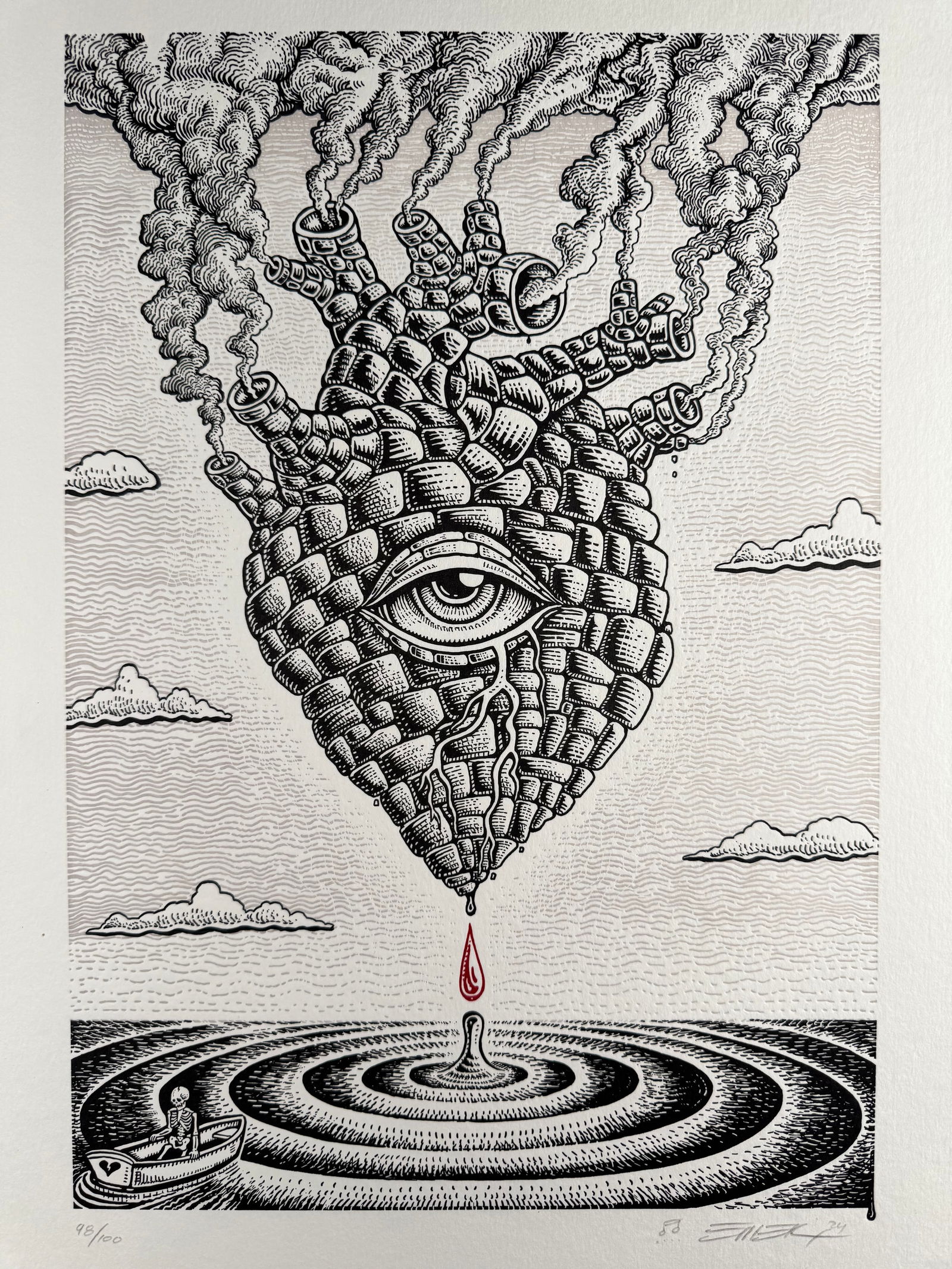 EMEK "Like Blood From A Stone" Signed Numbered 98/100 Limited Edition Print: Black and white print by EMEK depicting a stylized eye within a heart formed of stone-like patterning.