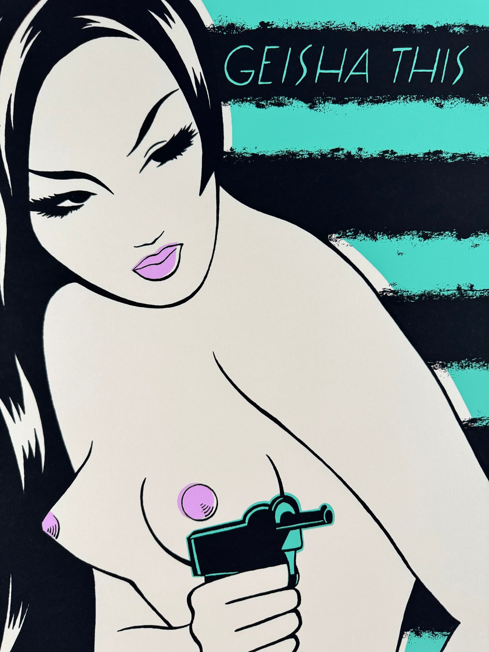 Niagara Detroit "Geisha This" Signed & Numbered 35/50 Serigraph Teal Variant: Nude topless woman depicted holding a firearm in this serigraph on paper titled "Geisha This" by Niagara Detroit, featuring black and teal horizontal stripes. Signed in pencil by the artist and number