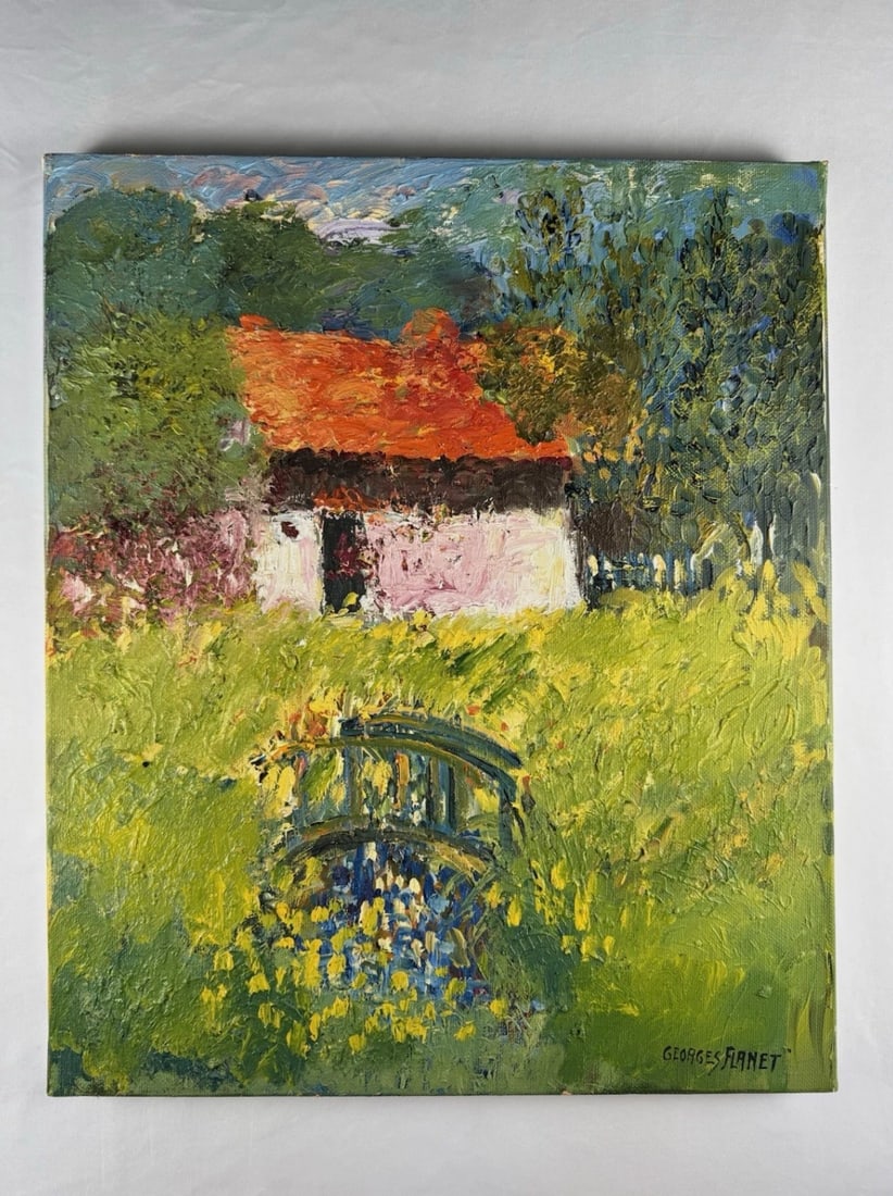 Georges Flanet "Le Petit Cabanon Agassin Mai" Original Oil Painting on Canvas w/ COA: (French, b. 1937) 18x21 Impressionist oil on canvas signed "Georges Flanet" in heavy, gorgeous 35x39 gilded frame. Provenance: From a private collection, Los Angeles, CA. This painting is titled "Le P