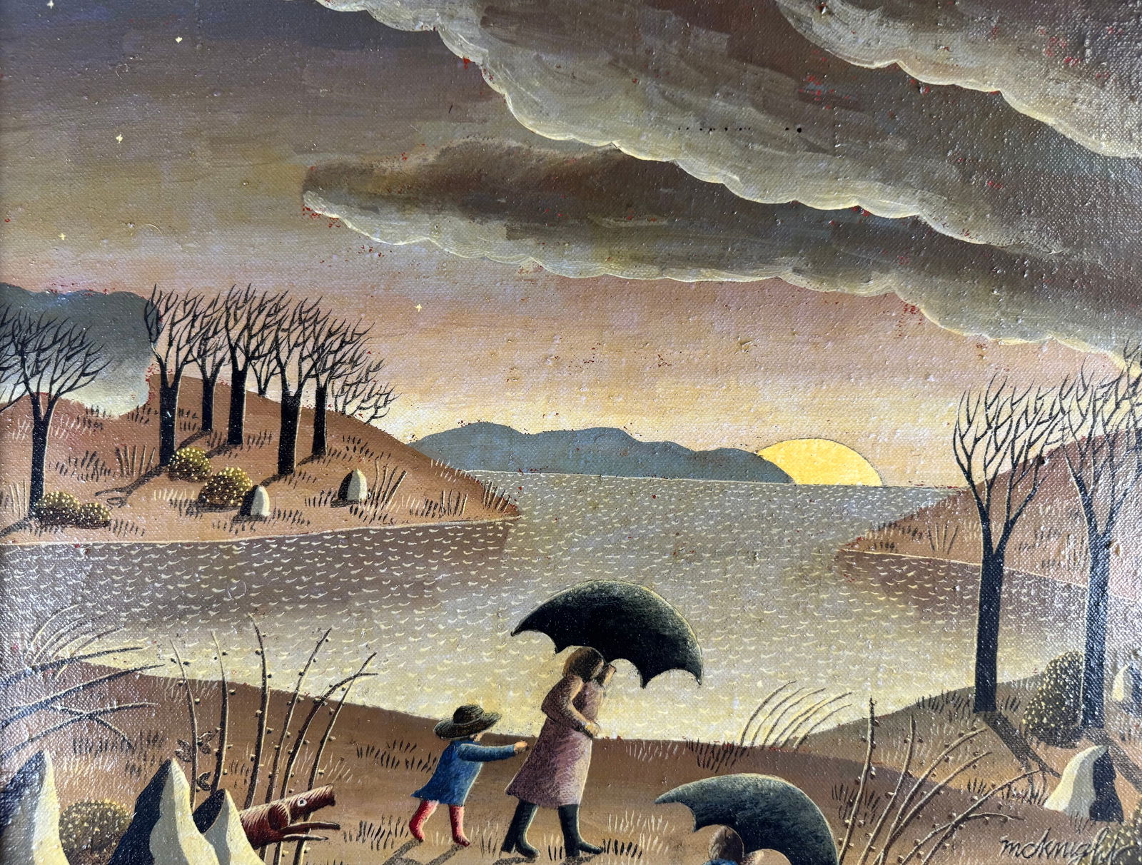 Thomas McKnight "Rain" Signed Original Oil Painting 14x18" Framed 26x20": Scene with figures holding umbrellas beside a lake at sunset, signed lower right. Thomas McKnight (b. 1941) is an American painter known for stylized architectural and landscape scenes.