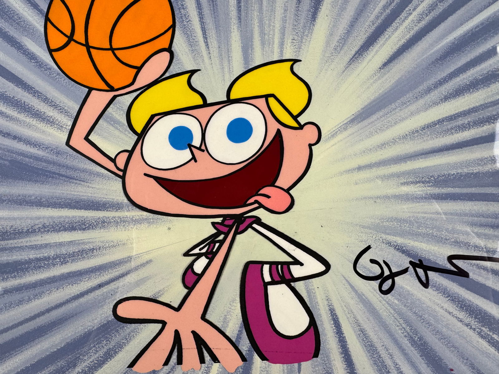 Dexter’s Laboratory Original Production Animation Cel Signed Genndy Tartakovsky Dee Dee TV Show: This original animation production cel depicts Dee Dee holding a basketball against a production background. The cel is signed by Genndy Tartakovsky.