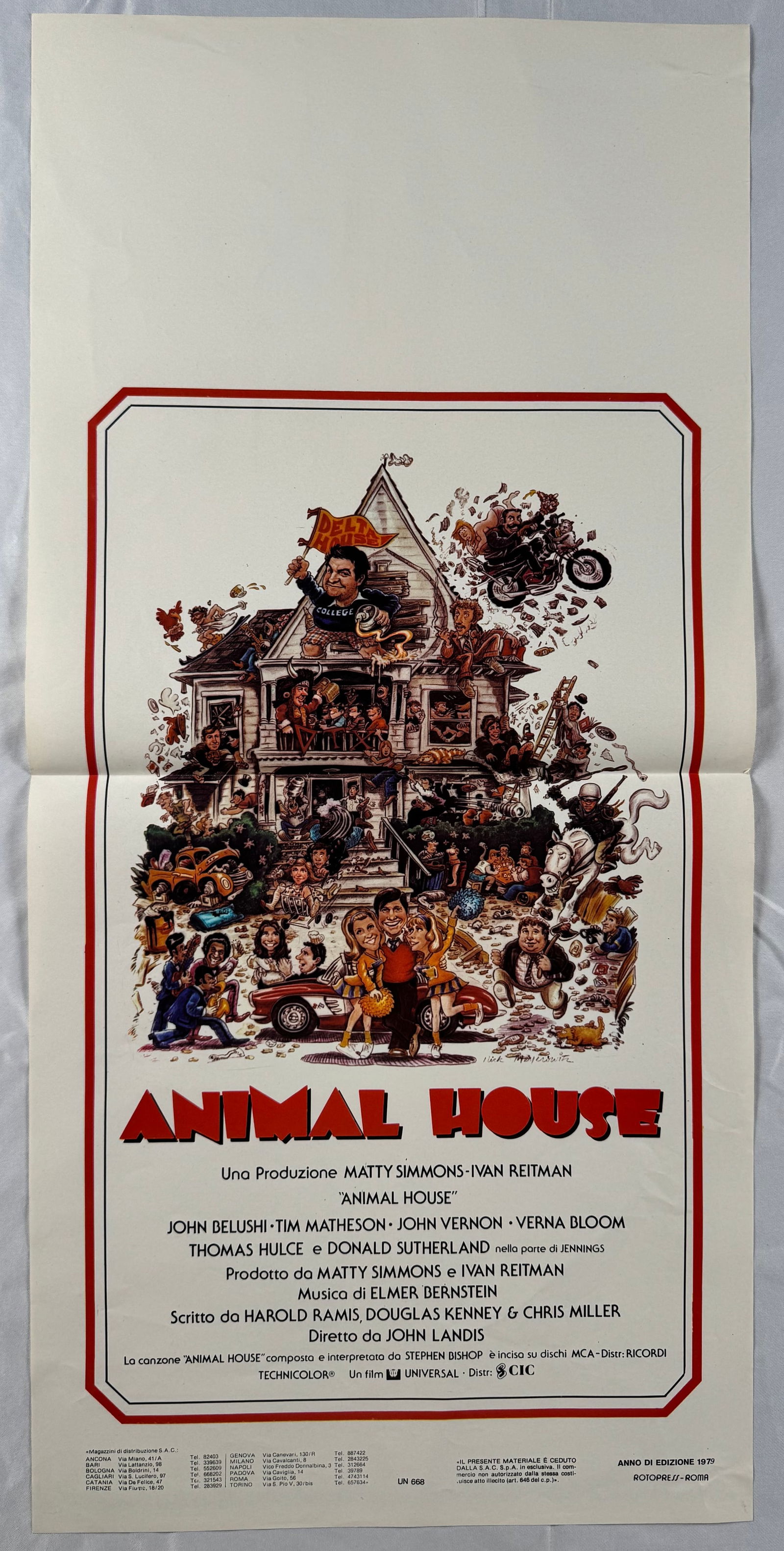 Animal House 1978 Original Italian Locandino Folded Movie Poster 13"x27.5" John Landis Jim Belushi: National Lampoon's Animal House is a 1978 American comedy film directed by John Landis and written by Harold Ramis, Douglas Kenney and Chris Miller. It stars John Belushi, Tim Matheson, John Vernon, V