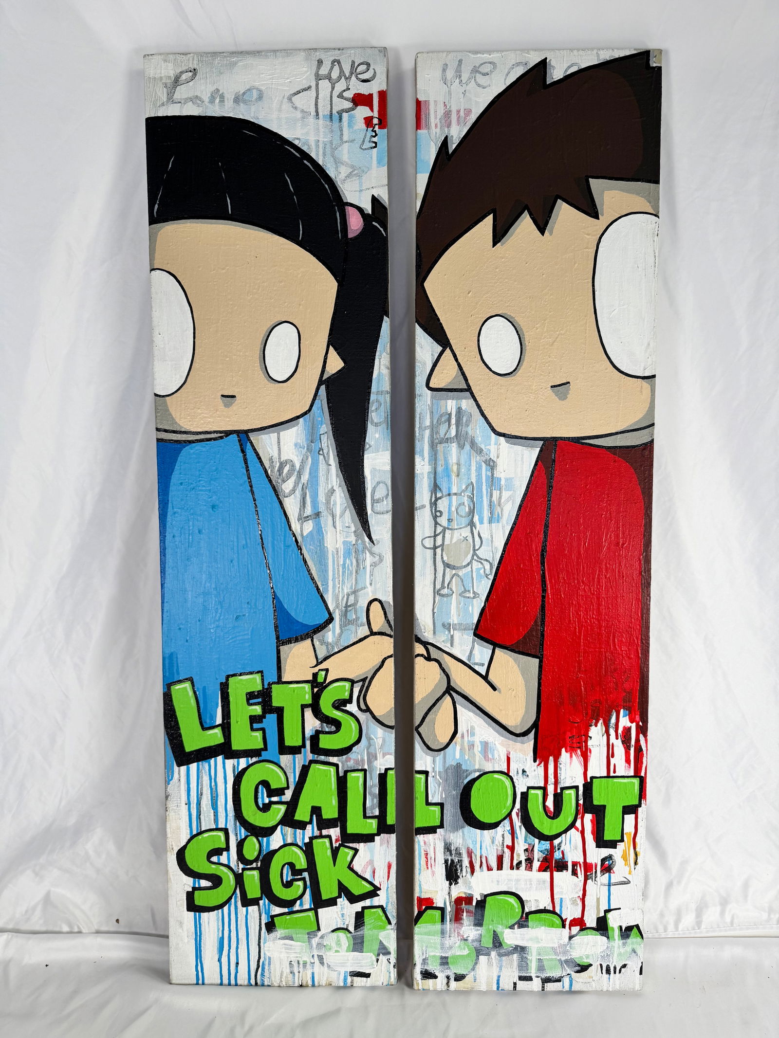 Chris RWK “Let’s Call Out Sick Tomorrow" “Together We Can" Diptych Painting Acrylic on Canvas: Chris RWK is an American artist who was born and raised in New York City. Much of his work is grounded in the ideas and imagery he was exposed to as a child in the 70s and 80s, including through telev