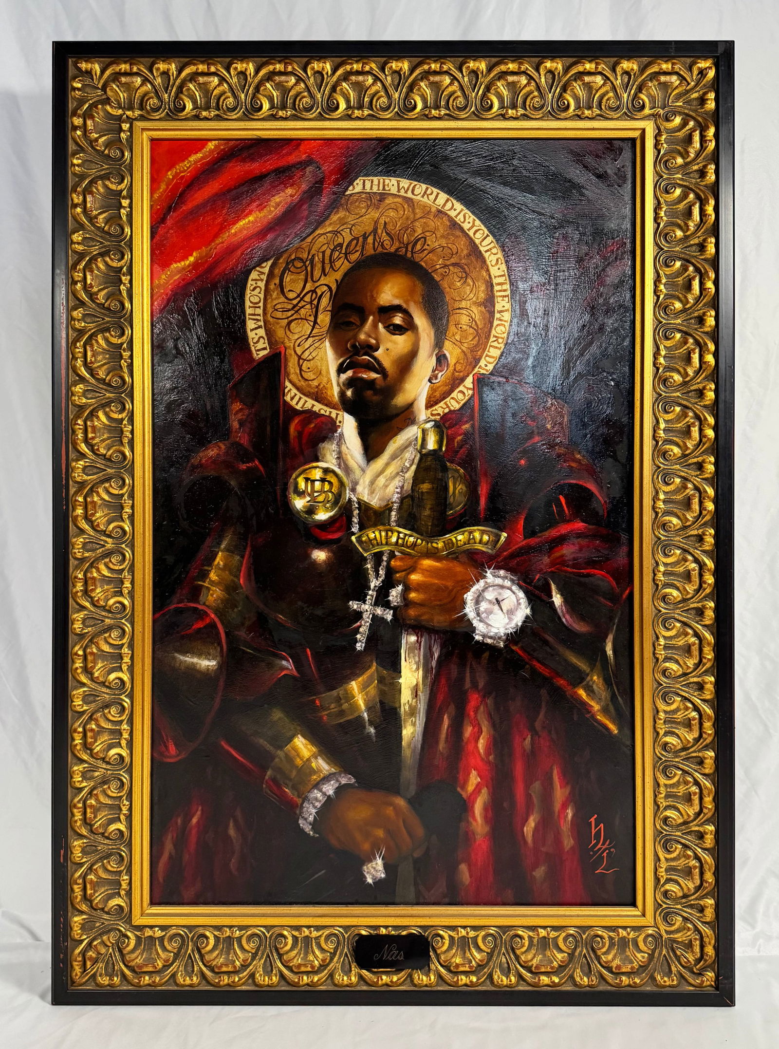 Nas by Henry Lewis Original Oil Painting on Panel 23x39" Framed 32x47" Rapper: Henry Lewis is a contemporary American artist and tattooer based in California, known for combining classical painting techniques with fantasy-inspired subjects and ornate composition. His background