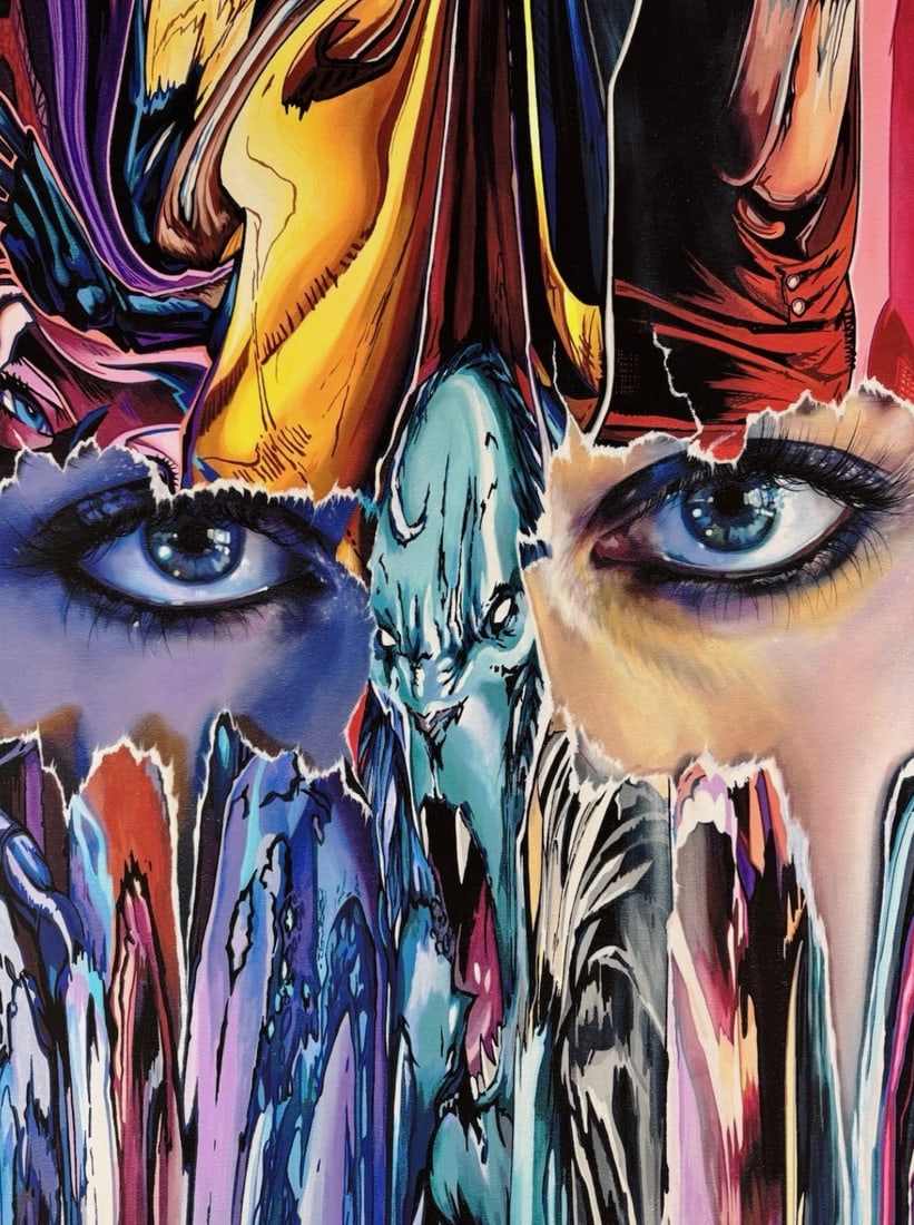 Sandra Chevrier "La Cage, éclairer le gris" Signed Numbered 39/50 Print 24"x36" in: Sandra Chevrier (b. 1983) is a Canadian contemporary artist recognized for her mixed-media portraits combining realistic female faces with comic book elements. Her “Cages” series overlays subj