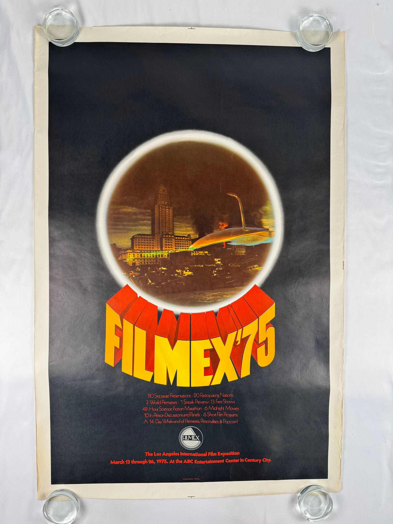 FILMEX 1975 Los Angeles International Film Exposition Poster: A vintage FILMEX 1975 poster celebrating the Los Angeles International Film Exposition and its premieres, marathons, panels, and global screenings.