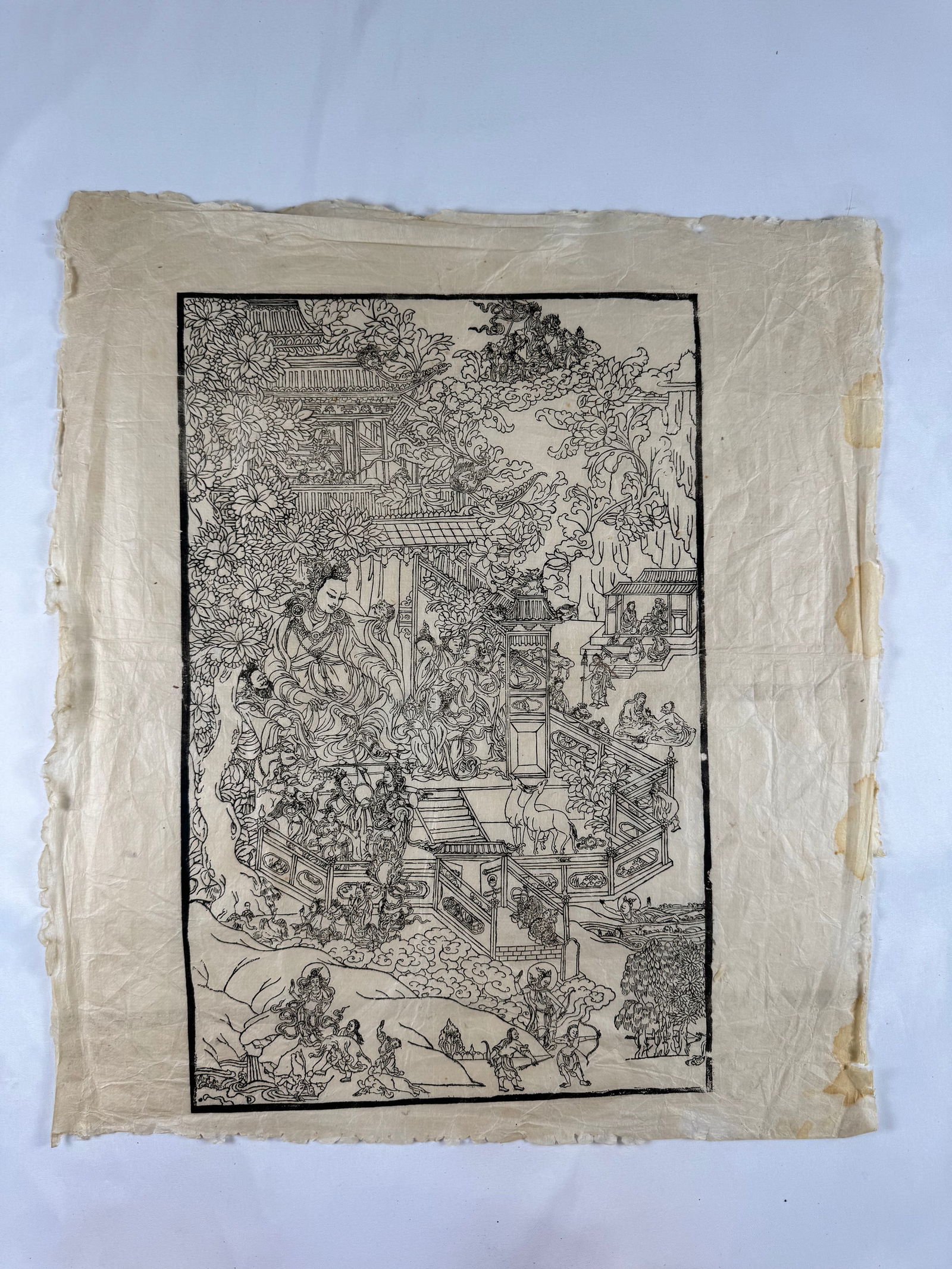 Shakyamuni Buddha Life Story Woodblock Vintage Print on Rice Paper: 1960s Tibetan Buddhist woodblock print.