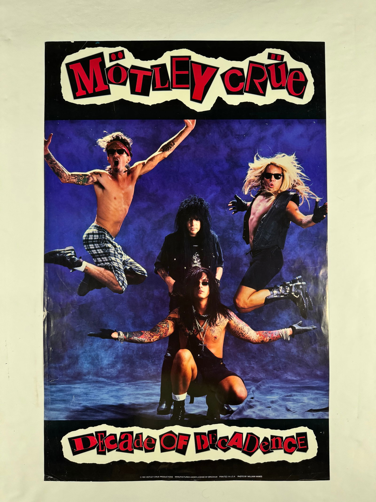 Motley Crue Decade of Decadence 1991 Original Vintage Poster: Mötley Crüe is an American heavy metal band formed in Hollywood, California, in 1981 by bassist Nikki Sixx and drummer Tommy Lee, with guitarist Mick Mars and lead vocalist Vince Neil joining right