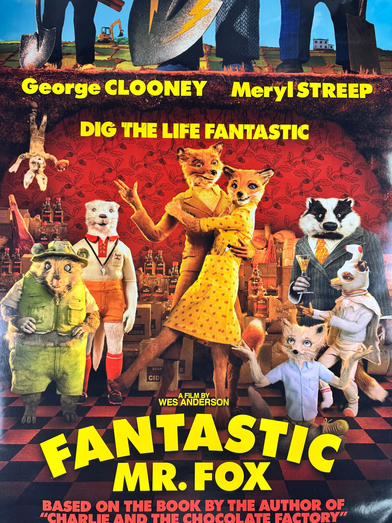 Fantastic Mr. Fox (2009) Original One Sheet Movie Poster Wes Anderson: Fantastic Mr. Fox is a 2009 stop-motion animated film directed by Wes Anderson and starring George Clooney and Meryl Streep. This poster promotes the adaptation of the Roald Dahl book and features the