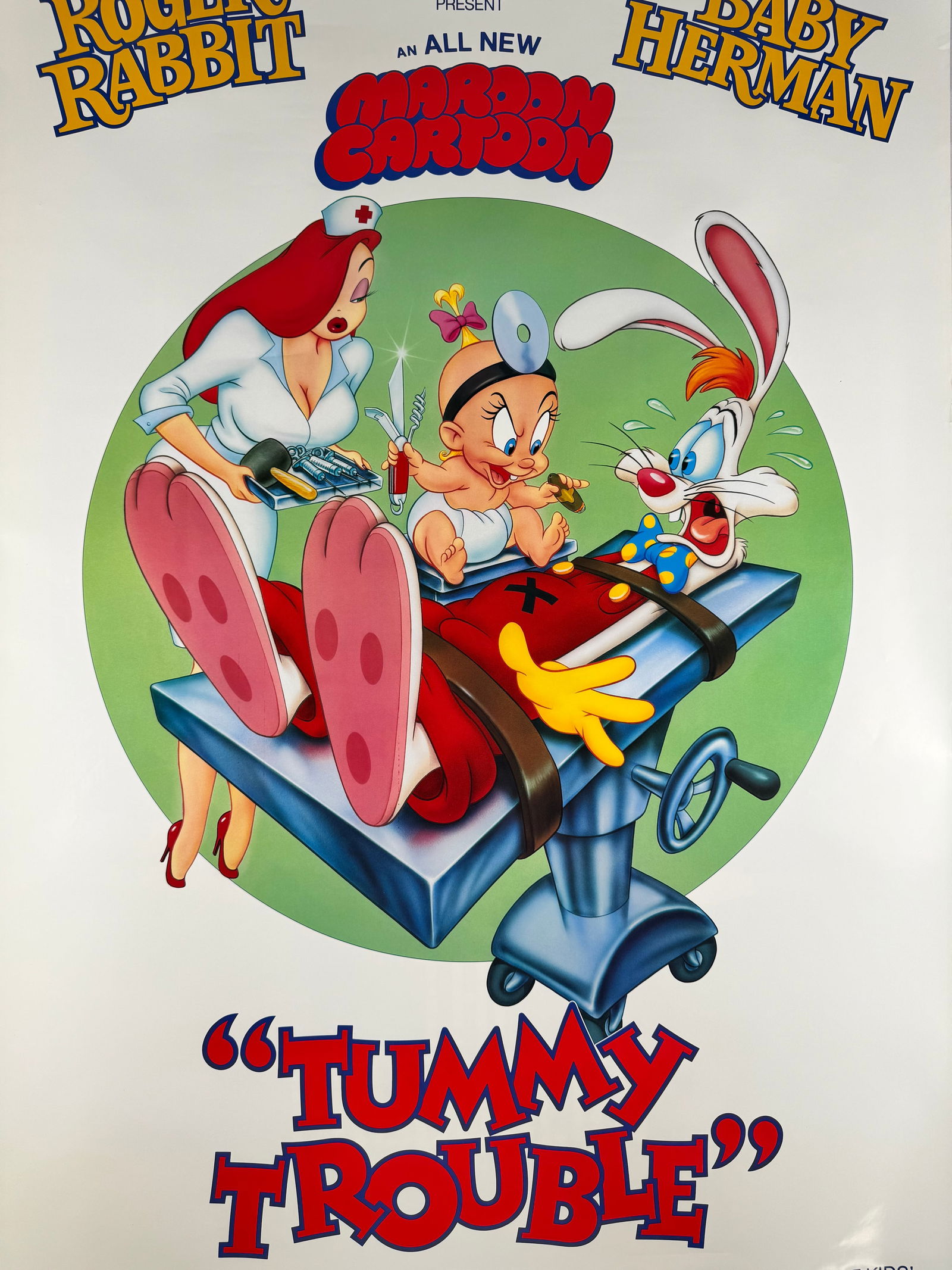 Tummy Trouble (1989) Original One Sheet Movie Poster Roger Rabbit: Tummy Trouble is a 1989 animated short directed by Rob Minkoff and featuring the characters Roger Rabbit and Baby Herman with voice performances by Charles Fleischer, April Winchell, and Lou Hirsch. T