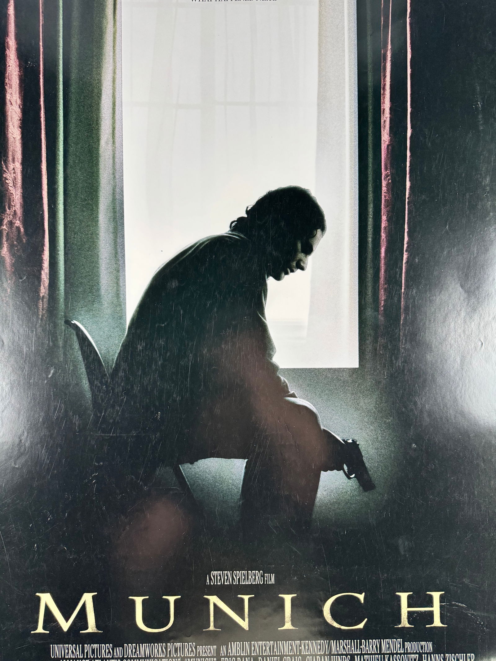 Munich (2005) Original One Sheet Movie Poster Steven Spielberg: Country of origin poster for Munich (2005), directed by Steven Spielberg and starring Eric Bana, Daniel Craig, and Ciarán Hinds. Historical drama based on the aftermath of the 1972 Munich Olympics at