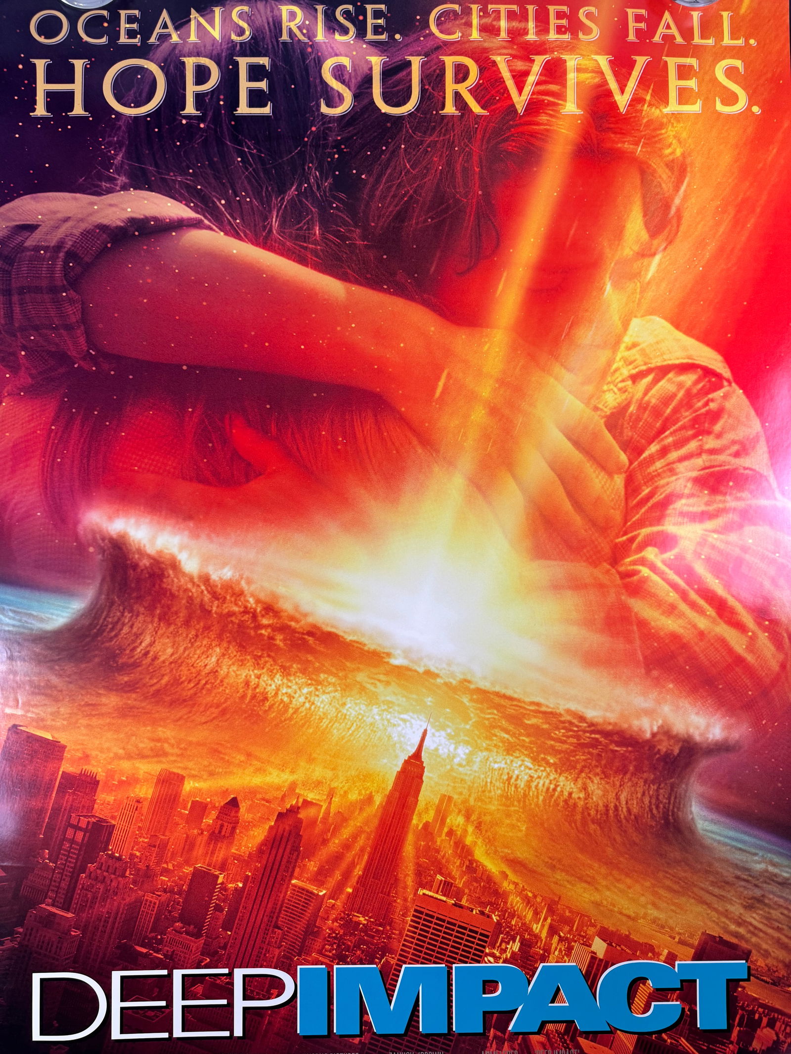 Deep Impact (1998) Original One Sheet Movie Poster Morgan Freeman: Deep Impact (1998) disaster film poster directed by Mimi Leder and starring Robert Duvall, Téa Leoni, Elijah Wood, and Morgan Freeman. Paramount Pictures release depicting a comet threatening Earth.