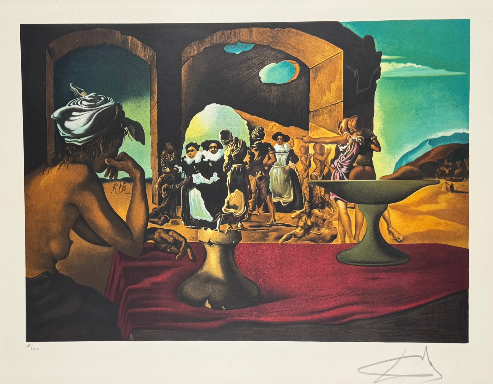 Salvador Dalí Slave Market Signed Numbered 28/300 Lithograph 26"x21" Framed: Slave Market with the Disappearing Bust of Voltaire by the Spanish surrealist artist Salvador Dalí. The original was painted in 1940. Numbered 28/300 lower left and signed on lower right. Framed 36"x