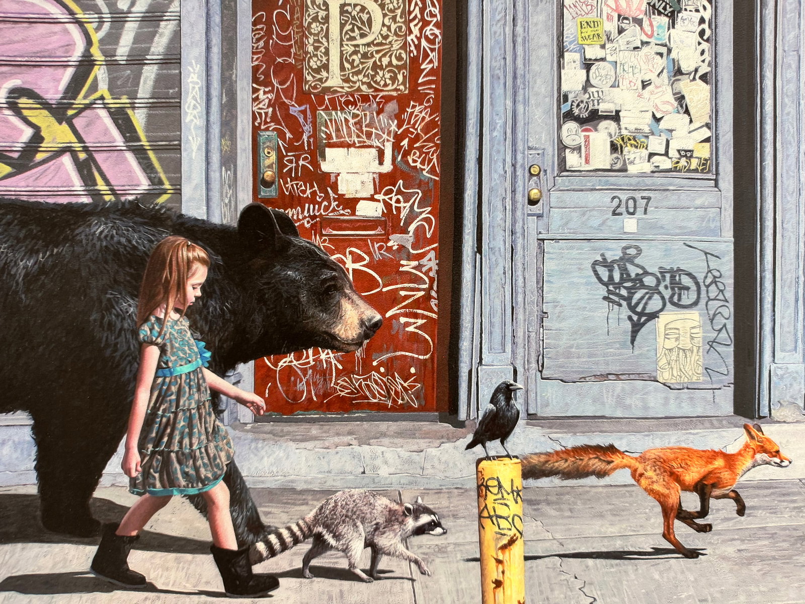 Kevin Peterson Coalition II Signed Numbered Art Print 365/706 RHCP Album Cover 16x30": Signed print titled Coalition II by Kevin Peterson depicting a girl walking beside a bear and other animals in an urban setting. Hand signed and numbered 355/706 in the lower margin. This painting was