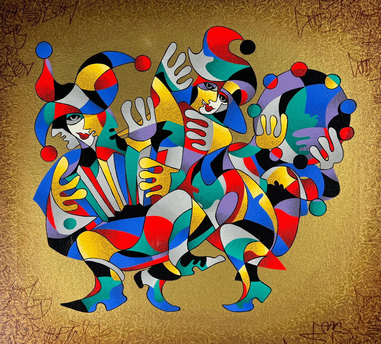 Anatole Krasnyansky Embellished Serigraph Dancing Scaramouches Canvas 20x22" (1 of 6)