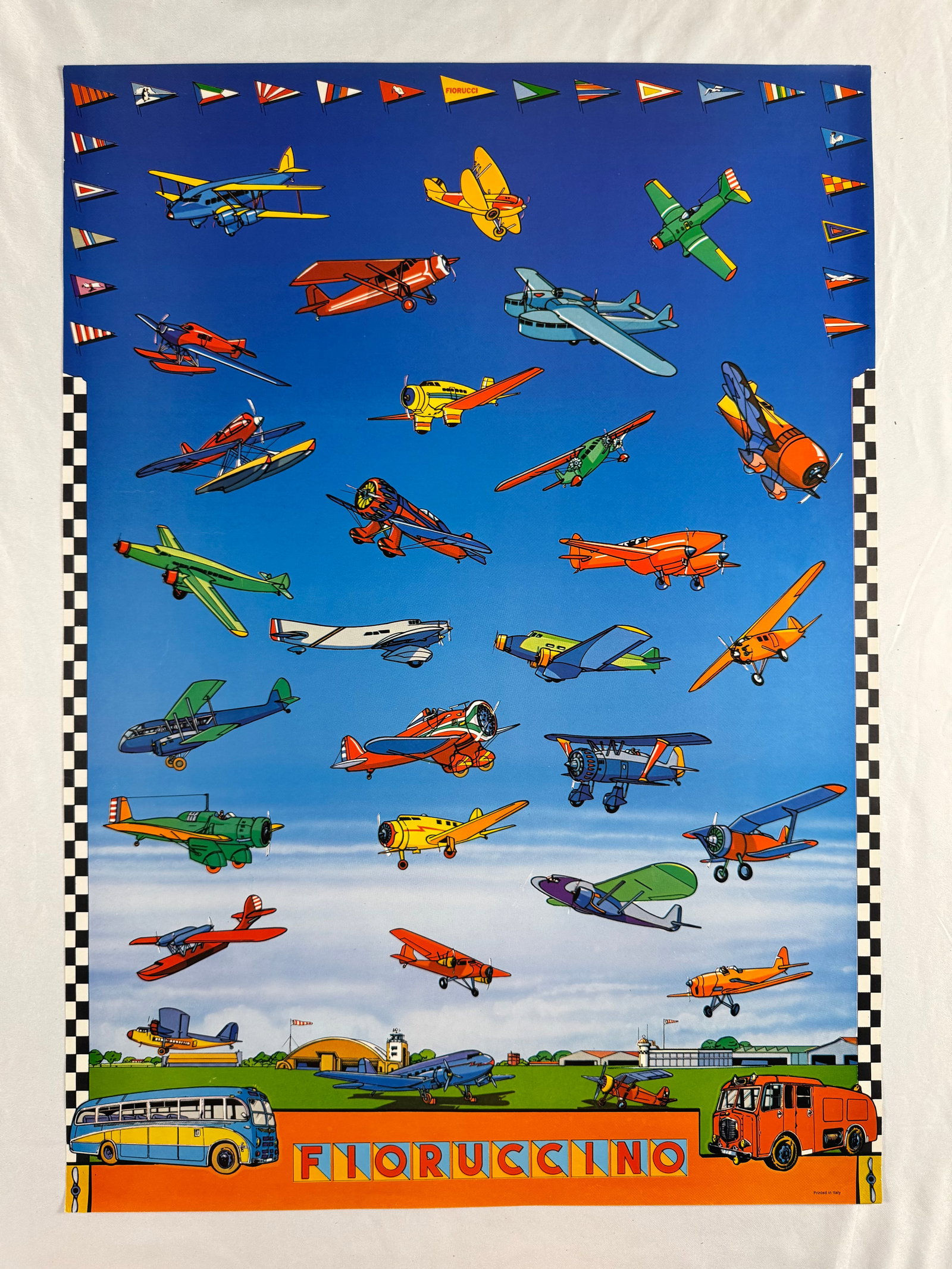 Fiorucci Airplanes Advertising Poster Italy Fiorucciino Aviation Theme: Printed advertising poster for Fiorucci featuring illustrated airplanes and airport scene. Includes Fiorucci branding and graphic border elements.