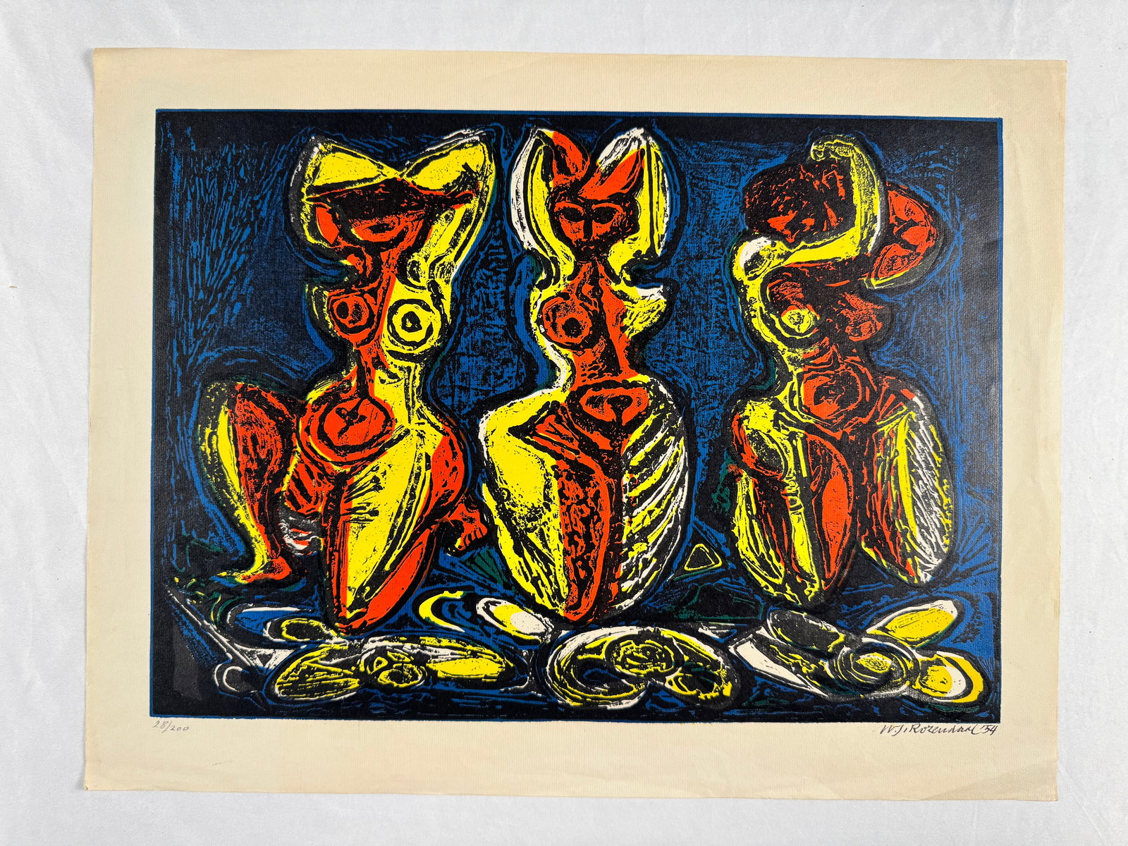 W J Rozendaal 1954 Abstract Figures Color Lithograph Signed (1 of 6)