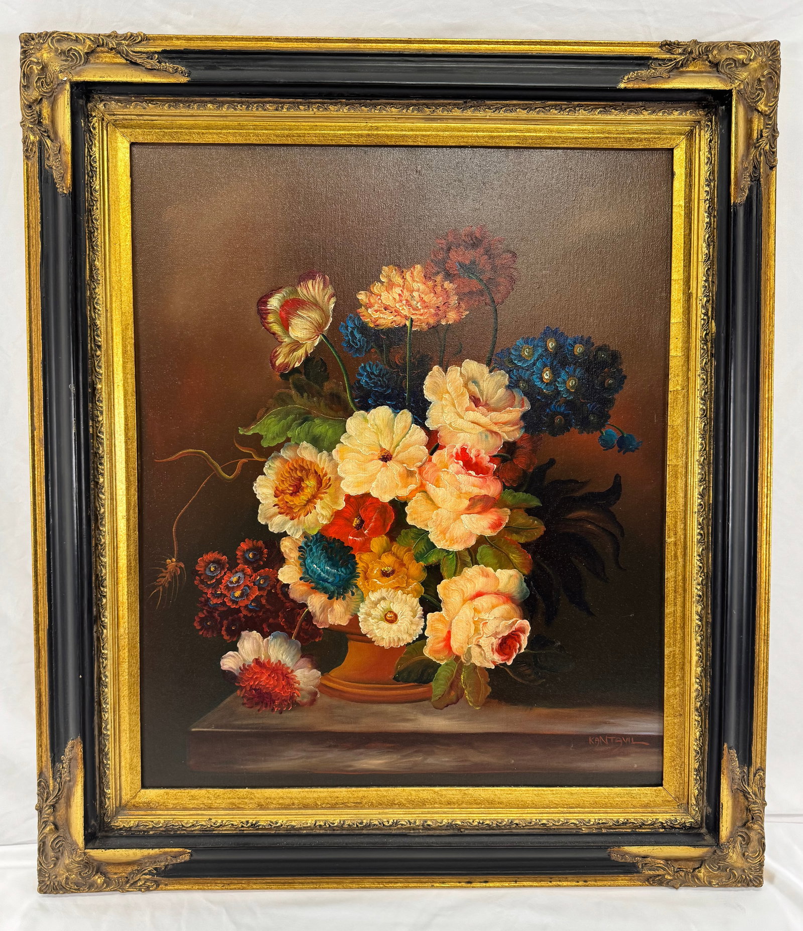 Kantavil Floral Still Life Oil on Canvas Painting with Ornate Antique Frame 20"x24" (1 of 5)