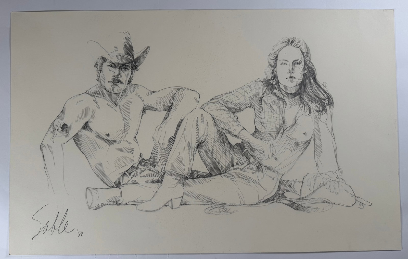 Kas Sable "Saturday Ride" Original Signed Graphite Pencil Drawing 1980 Gay Interest 32"x20": From the Advocate: Kas Sable's precise line drawings capture the gay macho chic of the 1970s and 80s. Rendered in gray and richly layered color pencils, his work blends realism with the classic fantas