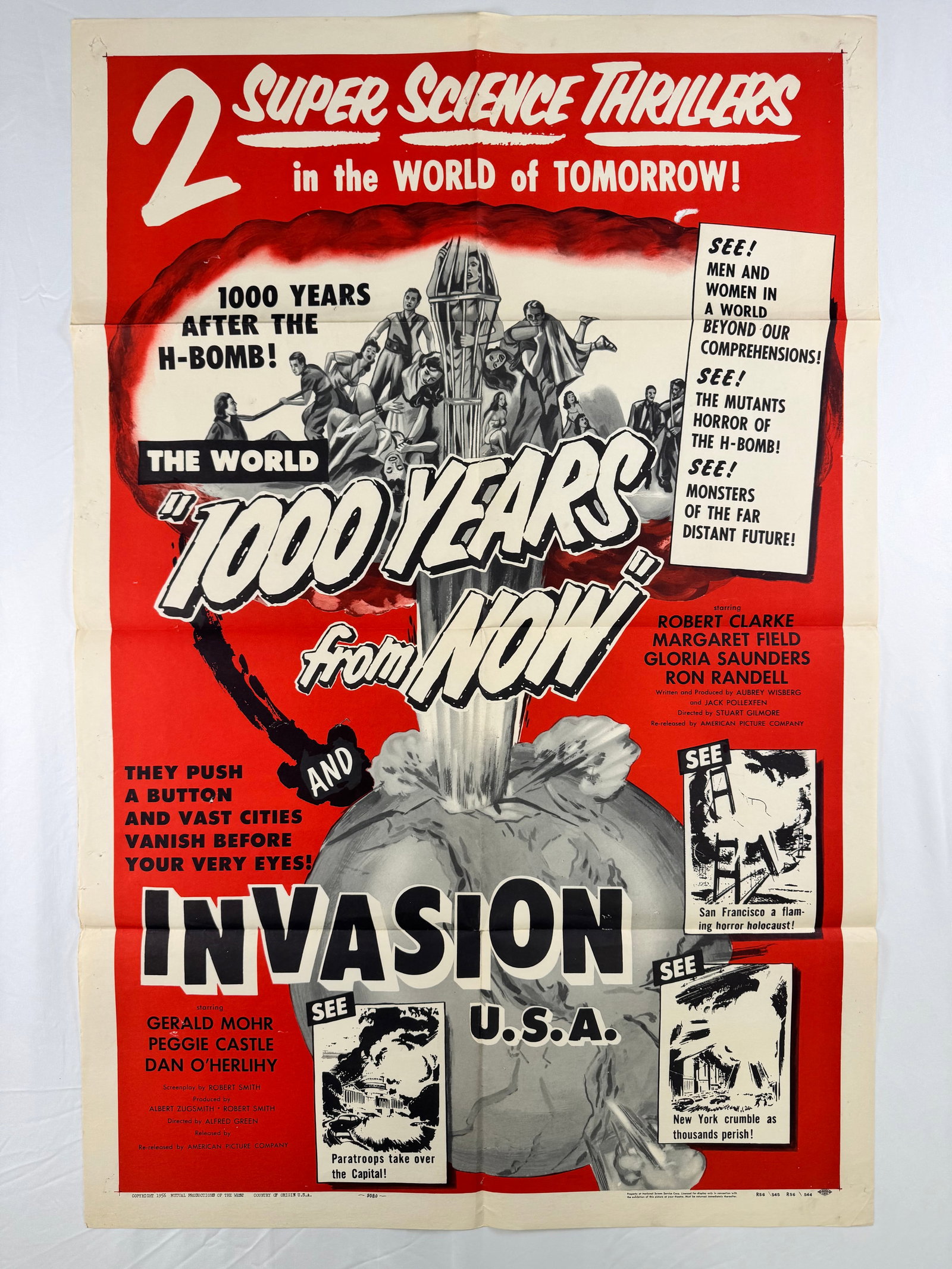Invasion U.S.A. (1952) 27x41" Original Atomic Age One Sheet Movie Poster Alfred E Green: Invasion U.S.A. is a 1952 science fiction film directed by Alfred E. Green and starring Gerald Mohr, Peggie Castle, and Dan O'Herlihy. This poster depicts Cold War era invasion imagery and atomic them