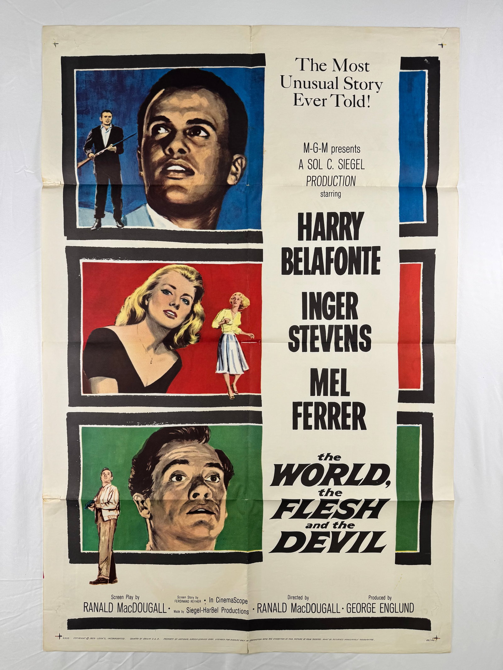 The World, the Flesh and the Devil (1959) 27x41" Atomic Age One Sheet Movie Poster: The World, the Flesh and the Devil is a 1959 drama directed by Ranald MacDougall and starring Harry Belafonte, Inger Stevens, and Mel Ferrer. The poster presents isolated figures in a post-apocalyptic
