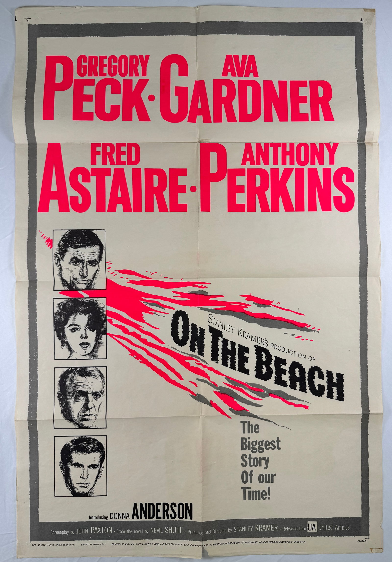 On the Beach (1959) 27x41" Original Atomic Age One Sheet Movie Poster Kramer: On the Beach is a 1959 post-apocalyptic drama directed by Stanley Kramer and starring Gregory Peck, Ava Gardner, Fred Astaire, and Anthony Perkins. The poster features bold typography with cast portra