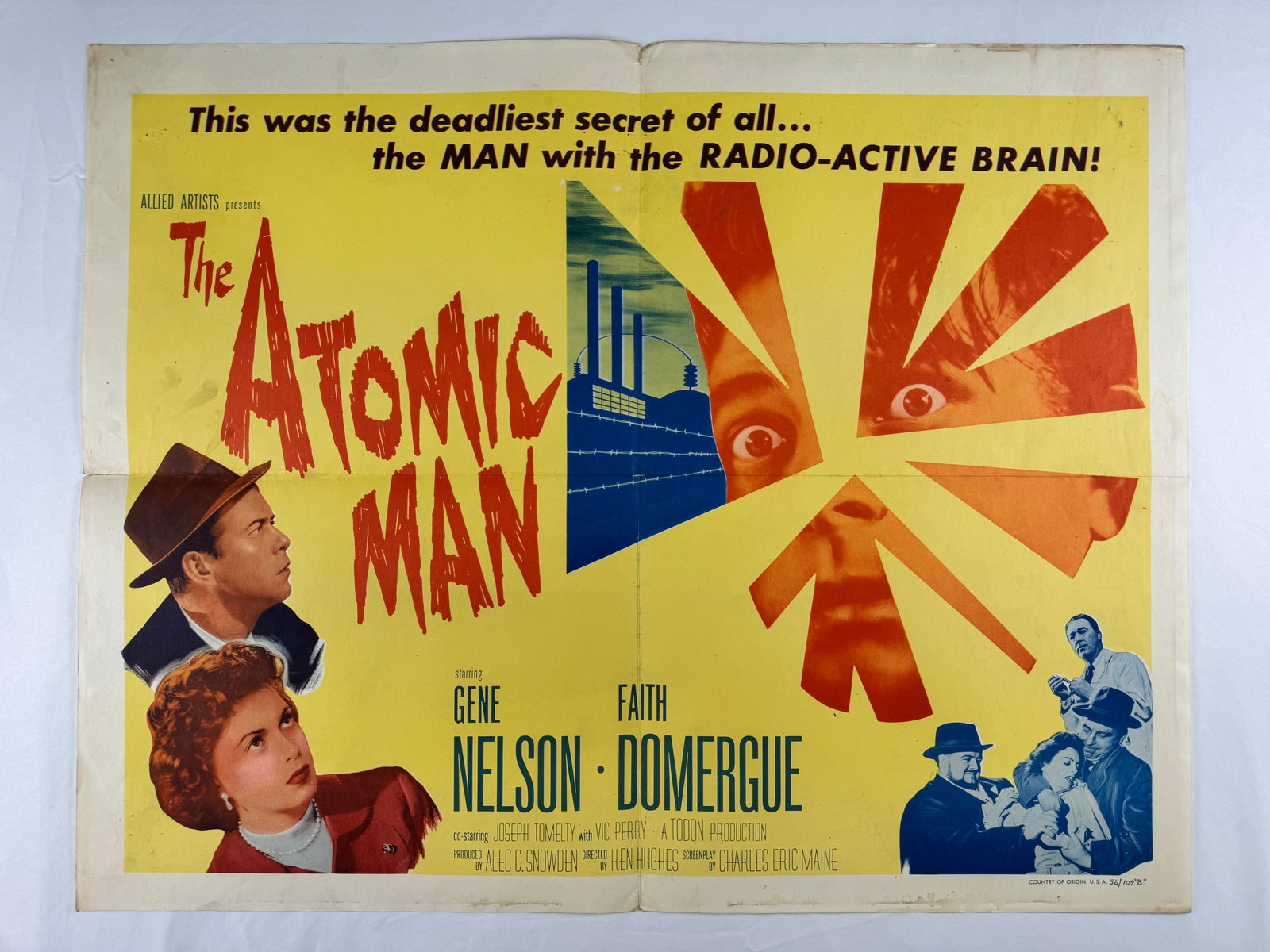 The Atomic Man (1955) Original Atomic Age Half Sheet Movie Poster 28x22 Ken Hughes: The Atomic Man is a 1955 science fiction film directed by Ken Hughes and starring Gene Nelson, Faith Domergue, and Joseph Tomelty. This half sheet poster measures approximately 28 x 22 inches and feat