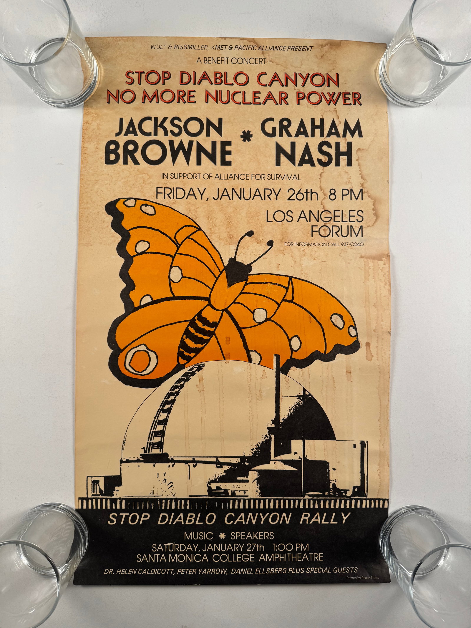 Stop Diablo Canyon No More Nuclear Power Jackson Browne Graham Nash Concert Poster 13x23: A Benefit Concert Stop Diablo Canyon No More Nuclear Power Jackson * Graham Browne Nash - In Support Of Alliance For Survival - Friday, January 26th 8 Pm - Los Angeles Forum - Stop Diablo Canyon Rally