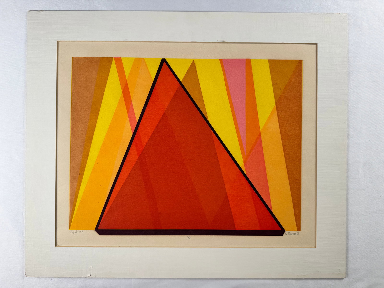R. Russell “Pyramid" Signed and Numbered 3/6 Abstract Geometric Print: Abstract geometric print titled “Pyramid,” featuring layered triangular forms in red, yellow, and orange tones. Signed R. Russell and numbered 3/6 in pencil along the lower margin. Ships Flat.