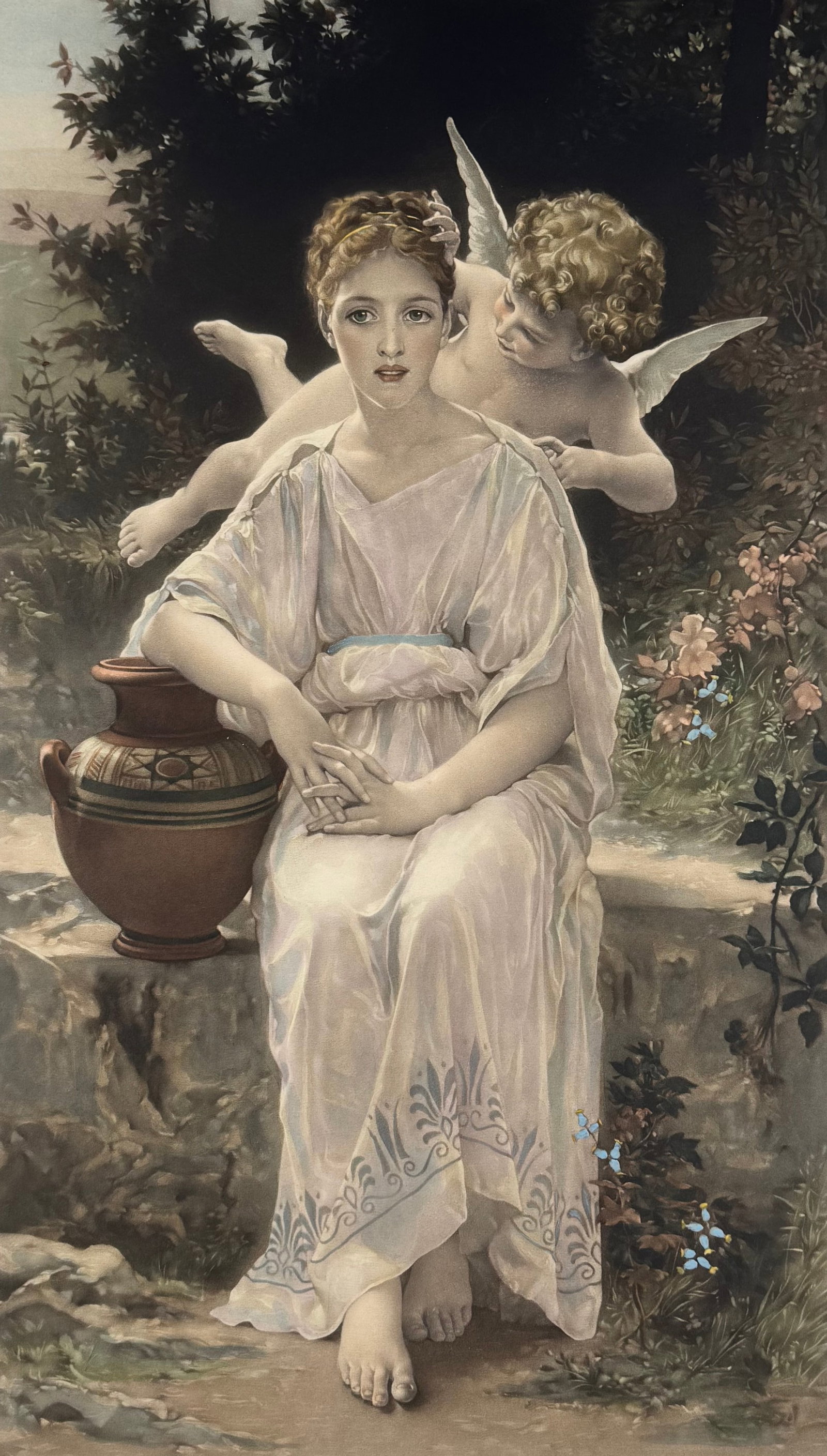 John Douglas Miller Signed First Whispers of Love Chromolithograph Prang Co 21x31": Chromolithograph titled First Whispers of Love by John Douglas Miller. Pencil signed with MPA blindstamp and published by Prang and Co, folded 21 x 31 inches and unfolded 27 x 40 inches.