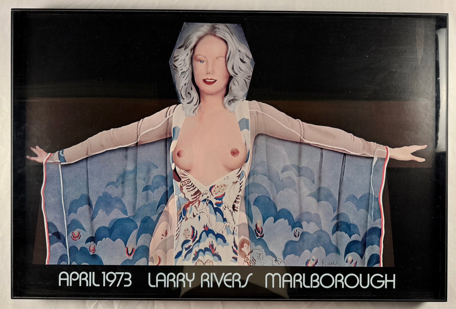 Larry Rivers Hand Signed 1973 Marlborough Exhibition Framed Poster Nude Female Figure: Original exhibition poster for Larry Rivers, April 1973, Marlborough Gallery, hand signed by the artist in the lower right. Features a stylized nude female figure with outstretched arms against a clou