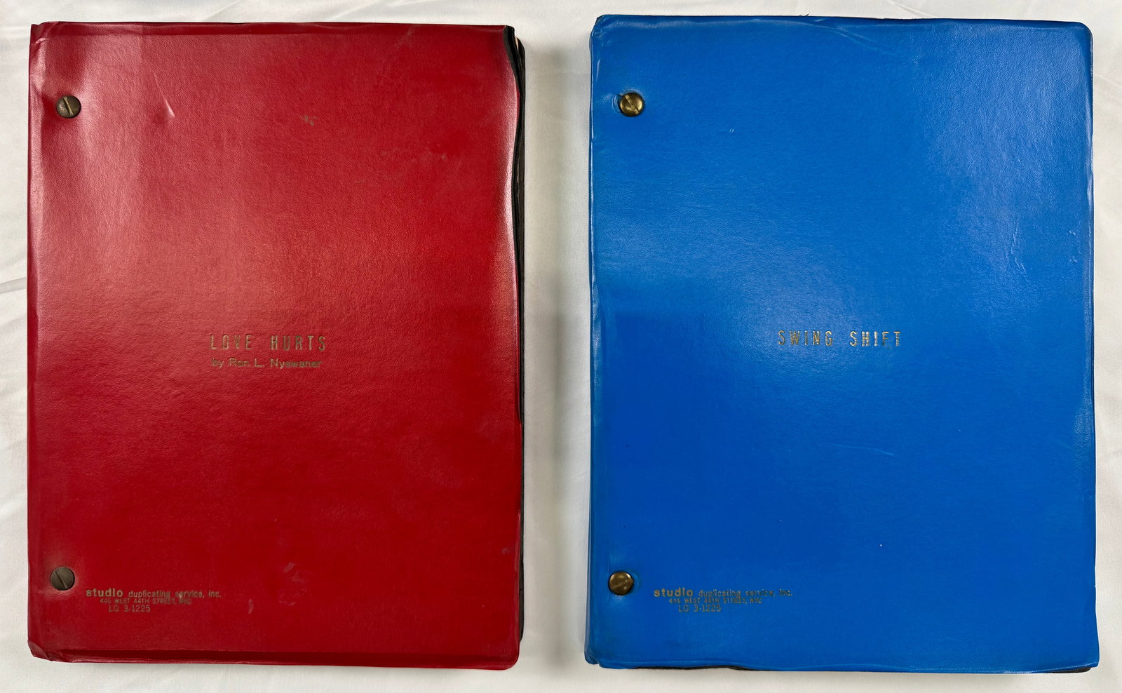 Love Hurts & Swing Shift Ron Nyswaner Film Production Scripts 1981-1982: Pair of original film production scripts by Ron Nyswaner titled Love Hurts and Swing Shift in original studio binders. Swing Shift was released in 1984, directed by Jonathan Demme and starring Goldie 