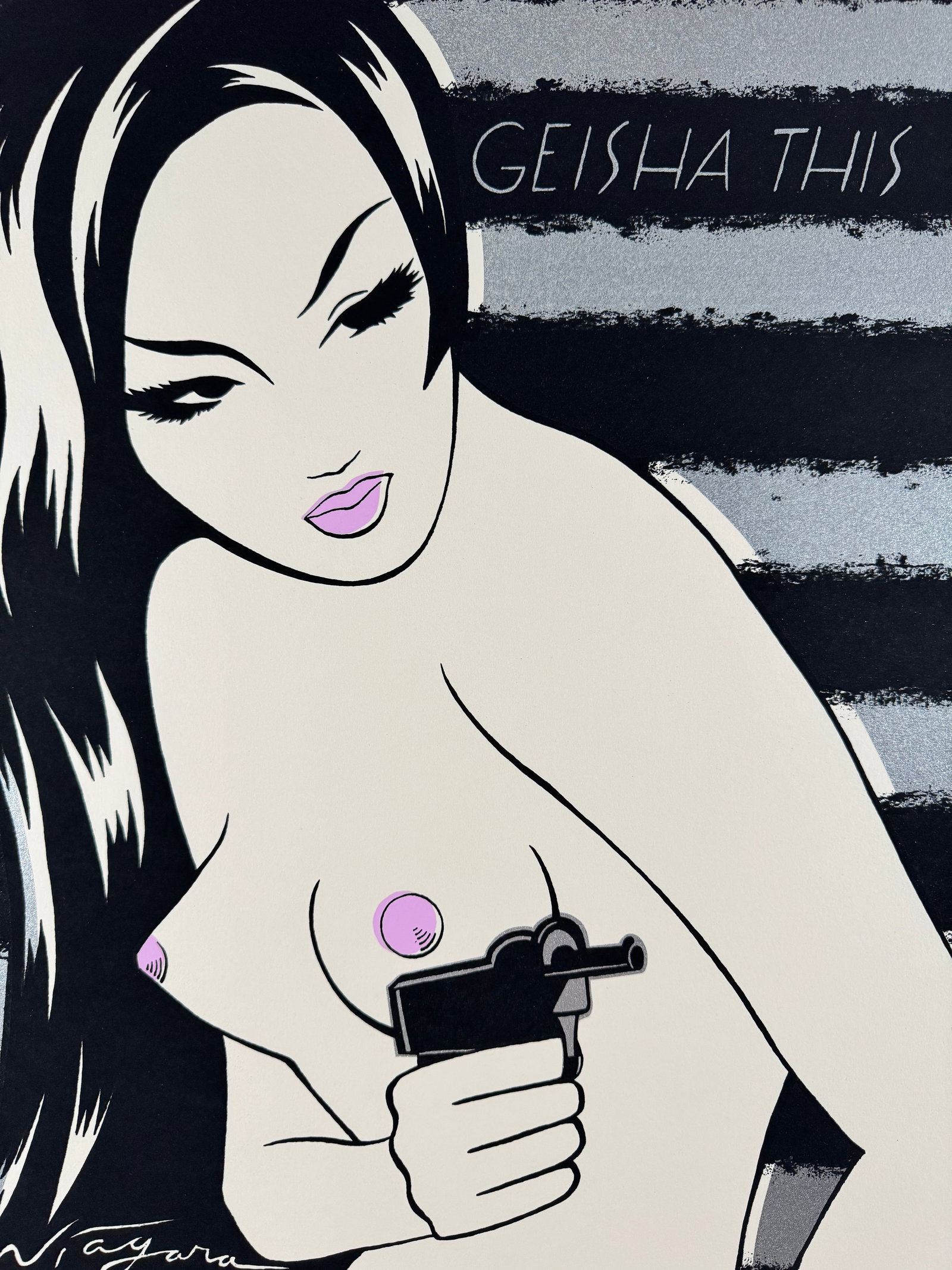 Niagara Detroit "Geisha This" Silver Variant Signed Numbered 44/50 Serigraph: Nude topless woman depicted holding a firearm in this serigraph on paper titled "Geisha This" by Niagara Detroit, featuring black and metallic silver horizontal stripes. Signed in pencil by the artist