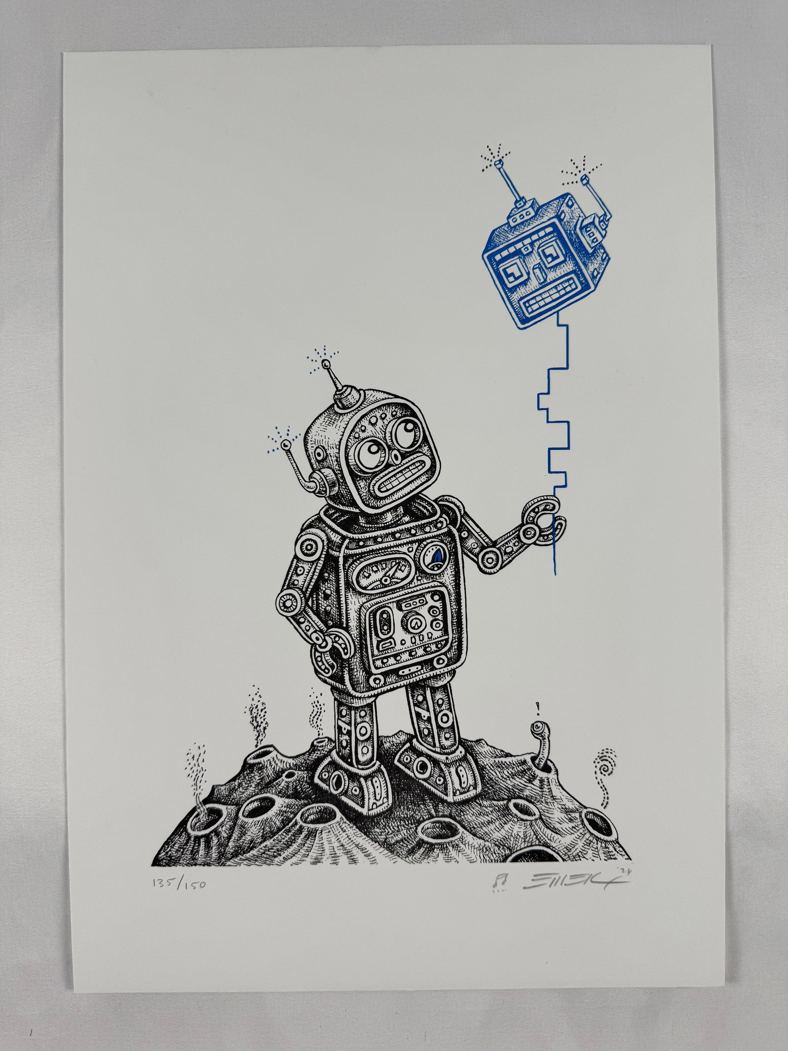 Emek Signed Robot Art Print 135/150 – Balloon Friend (Blue) Illustration 10x14.5" White: Emek is a highly influential poster artist whose intricate, socially conscious illustrations and detailed hand-drawn style have defined modern gig-poster art for major bands, festivals, and cultural m