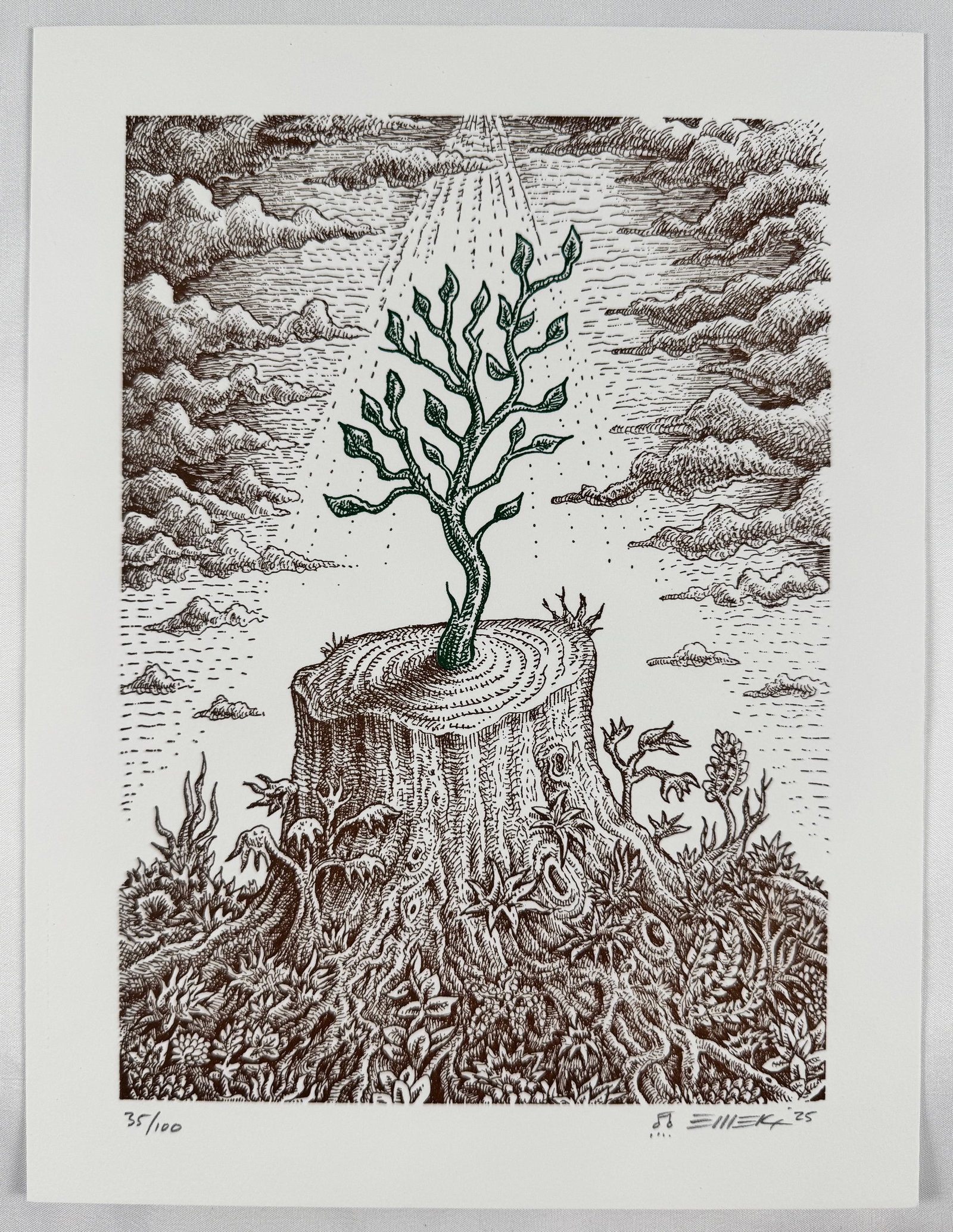 Emek Signed "The Re-Giving Tree" 2025 Numbered Letterpress Art Print 35/100 White Embossed 8x10.5" (1 of 4)