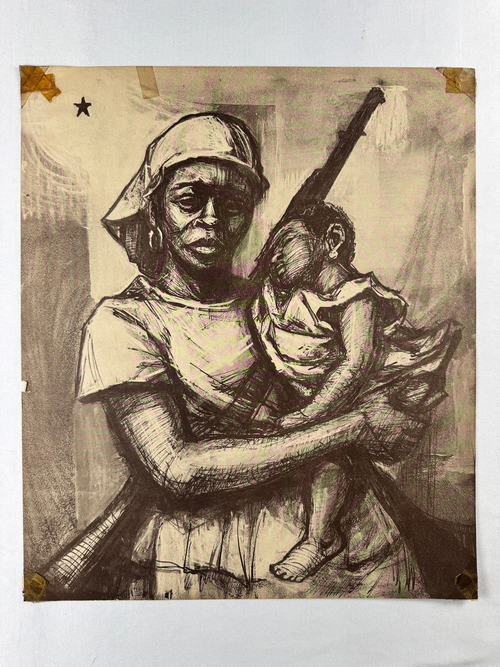 Figurative Mother Child and Rifle Sketch Style Poster Unknown Artist 14.5x17" (1 of 5)