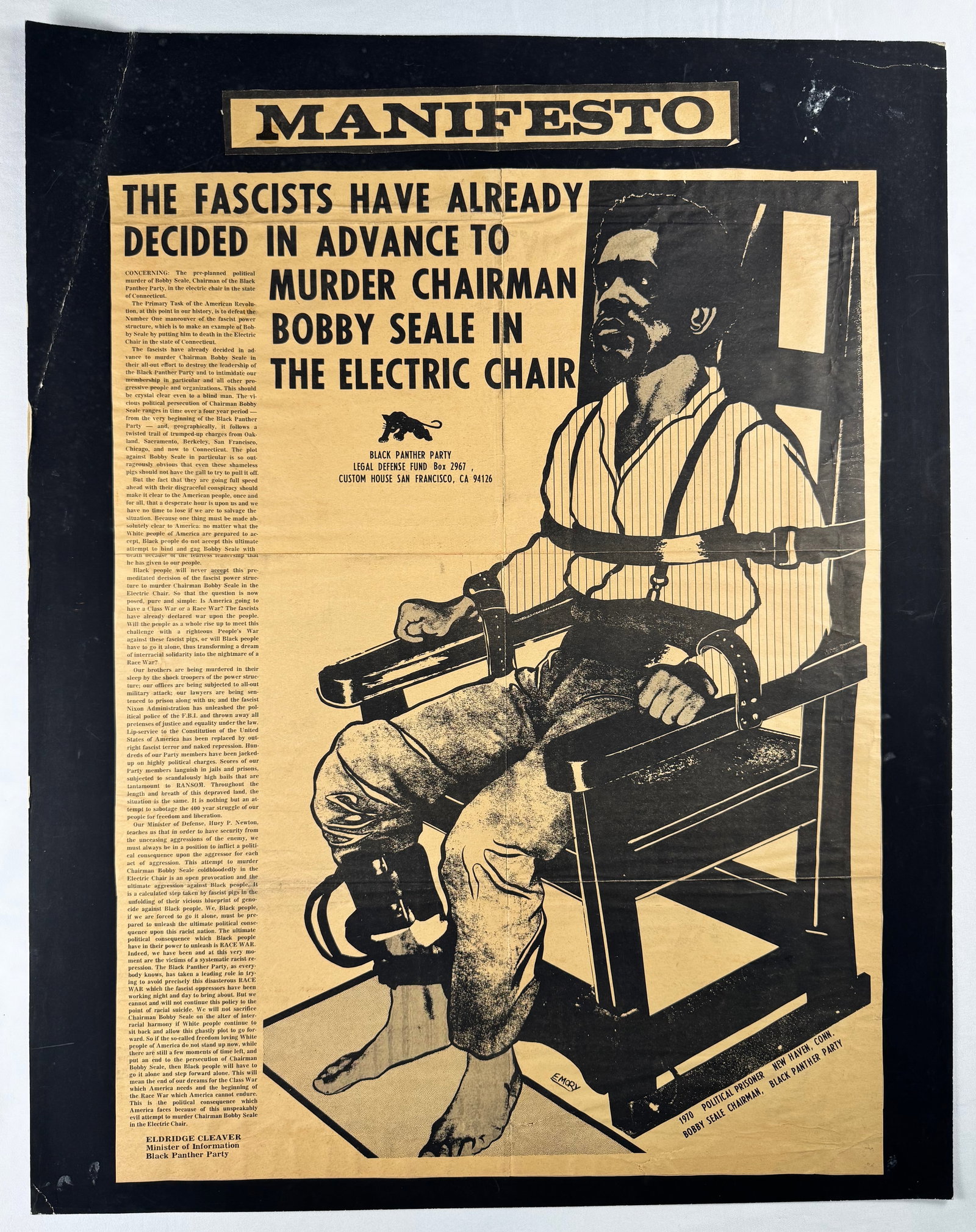 Black Panther Party Bobby Seale Electric Chair Manifesto Poster 22x28": Political manifesto poster addressing the incarceration of Bobby Seale. Issued by the Black Panther Party Legal Defense Fund with text and graphic imagery.
