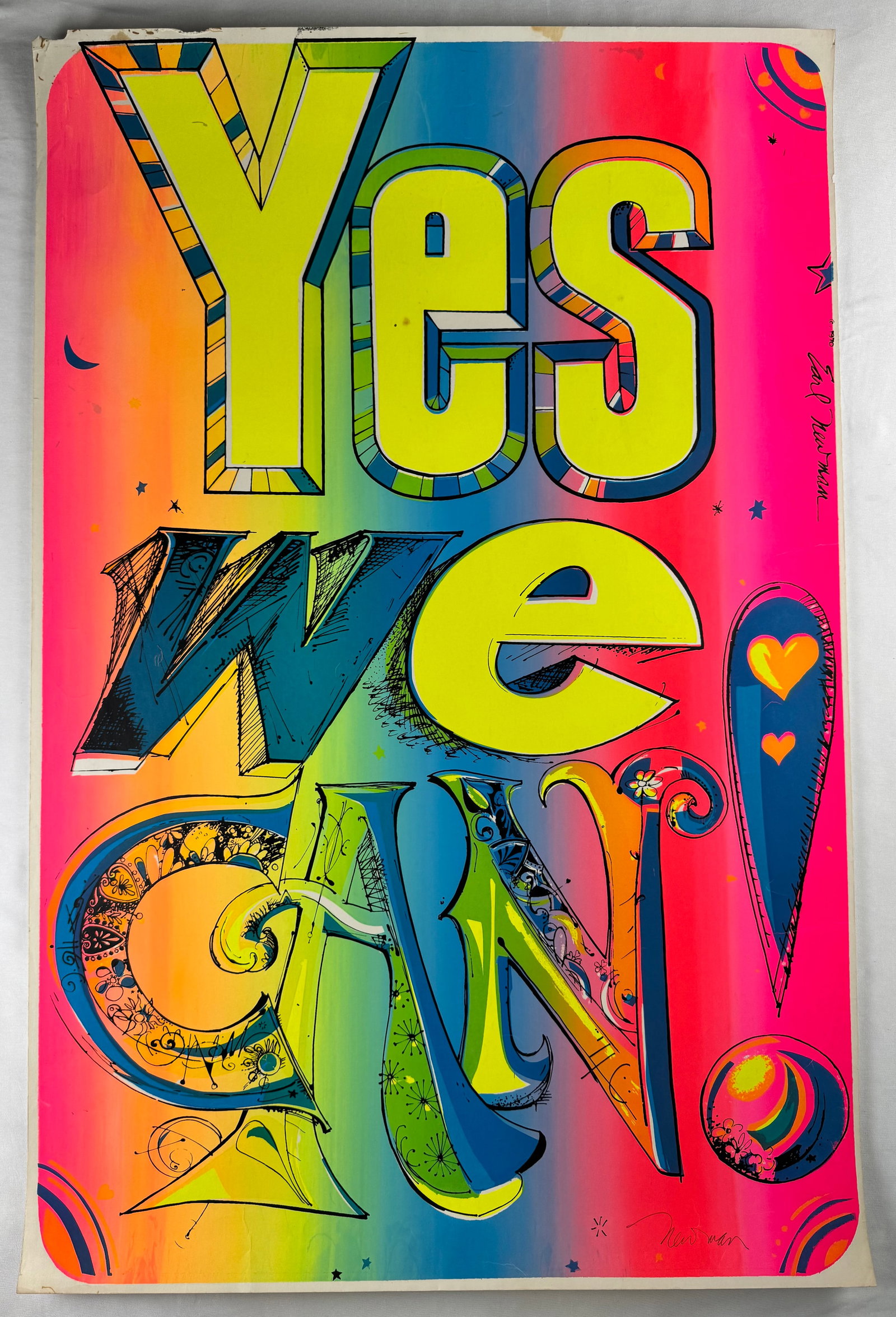 Yes We Can 1970s Psychedelic Typography Poster Signed by Earl Newman 23x35": Large-format typographic poster reading “Yes We Can" for women's rights in the 1970s. Signed by artist Earl Newman.