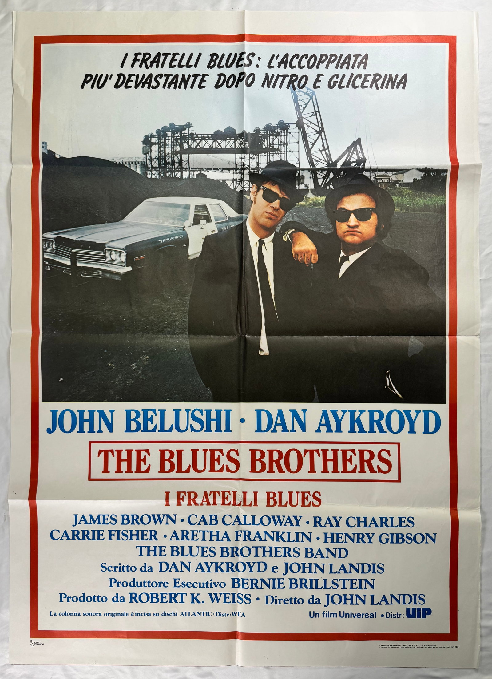 The Blues Brothers 1980 Original Italian 2 Fogli Movie Poster John Landis Belushi Aykroyd 39x55": The Blues Brothers (1980) directed by John Landis, starring John Belushi, Dan Aykroyd, Carrie Fisher and Aretha Franklin. Original Italian 2 fogli poster featuring Italian title I Fratelli Blues with 