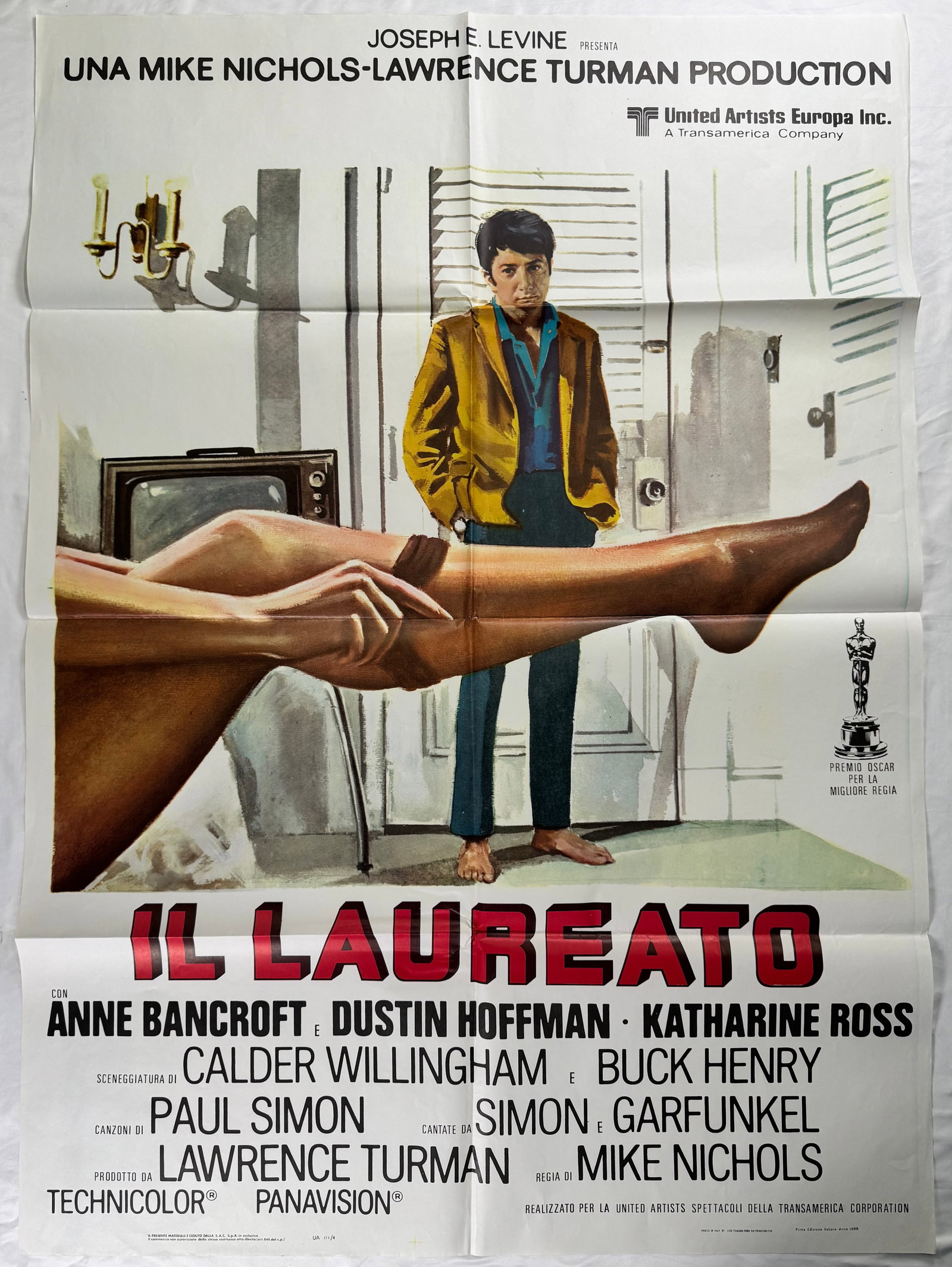 The Graduate 1967 Original Italian 2 Fogli Movie Poster Mike Nichols Hoffman Bancroft 39x55": The Graduate (1967) directed by Mike Nichols, starring Dustin Hoffman, Anne Bancroft and Katharine Ross. Original Italian 2 fogli poster titled Il Laureato with United Artists Europa credit line.