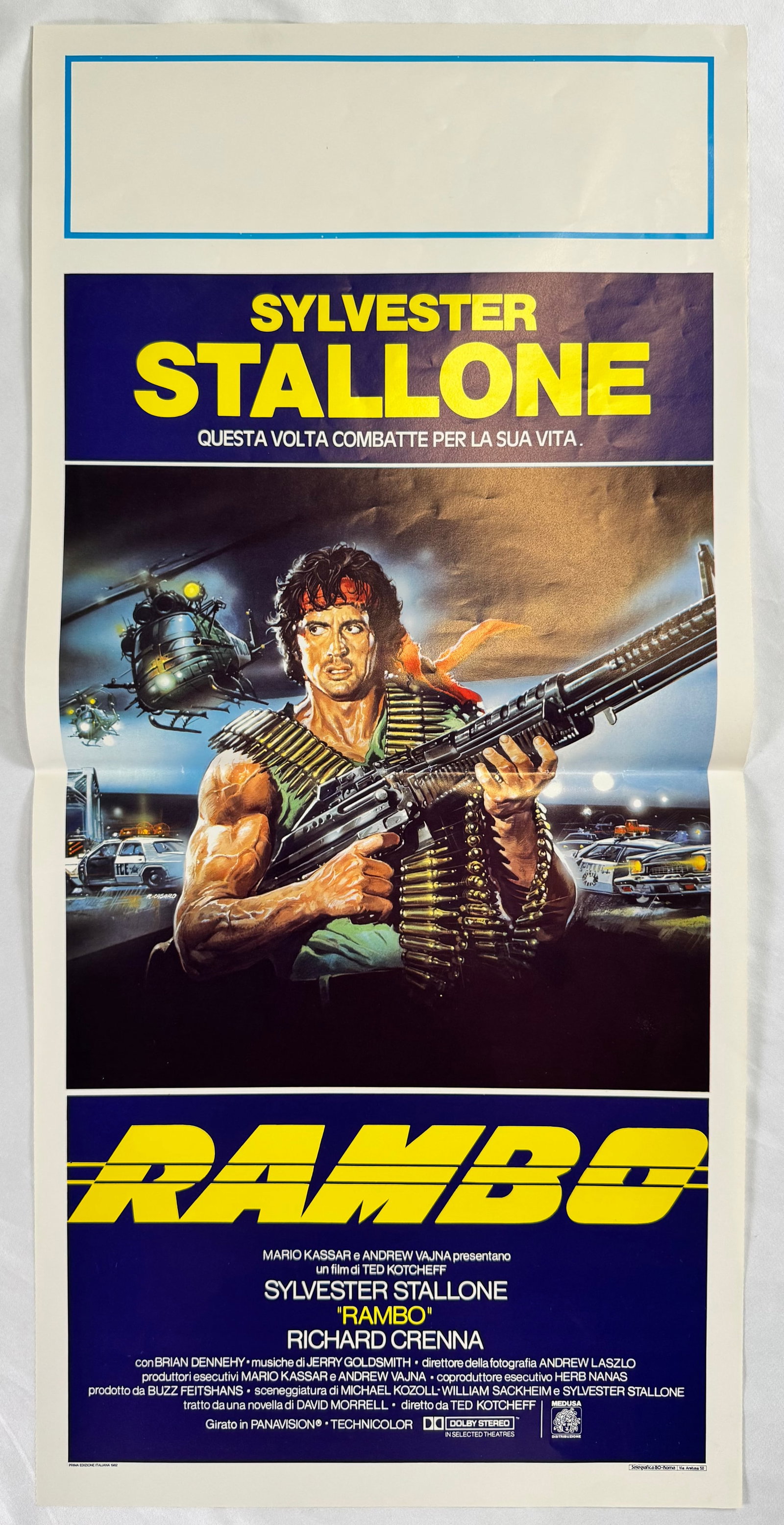 First Blood Rambo 1982 Original Italian Locandina Movie Poster Stallone 13x27.5": First Blood (1982) directed by Ted Kotcheff, starring Sylvester Stallone, Brian Dennehy and Richard Crenna. Original Italian locandina poster for Rambo First Blood with printer credits including Seleg