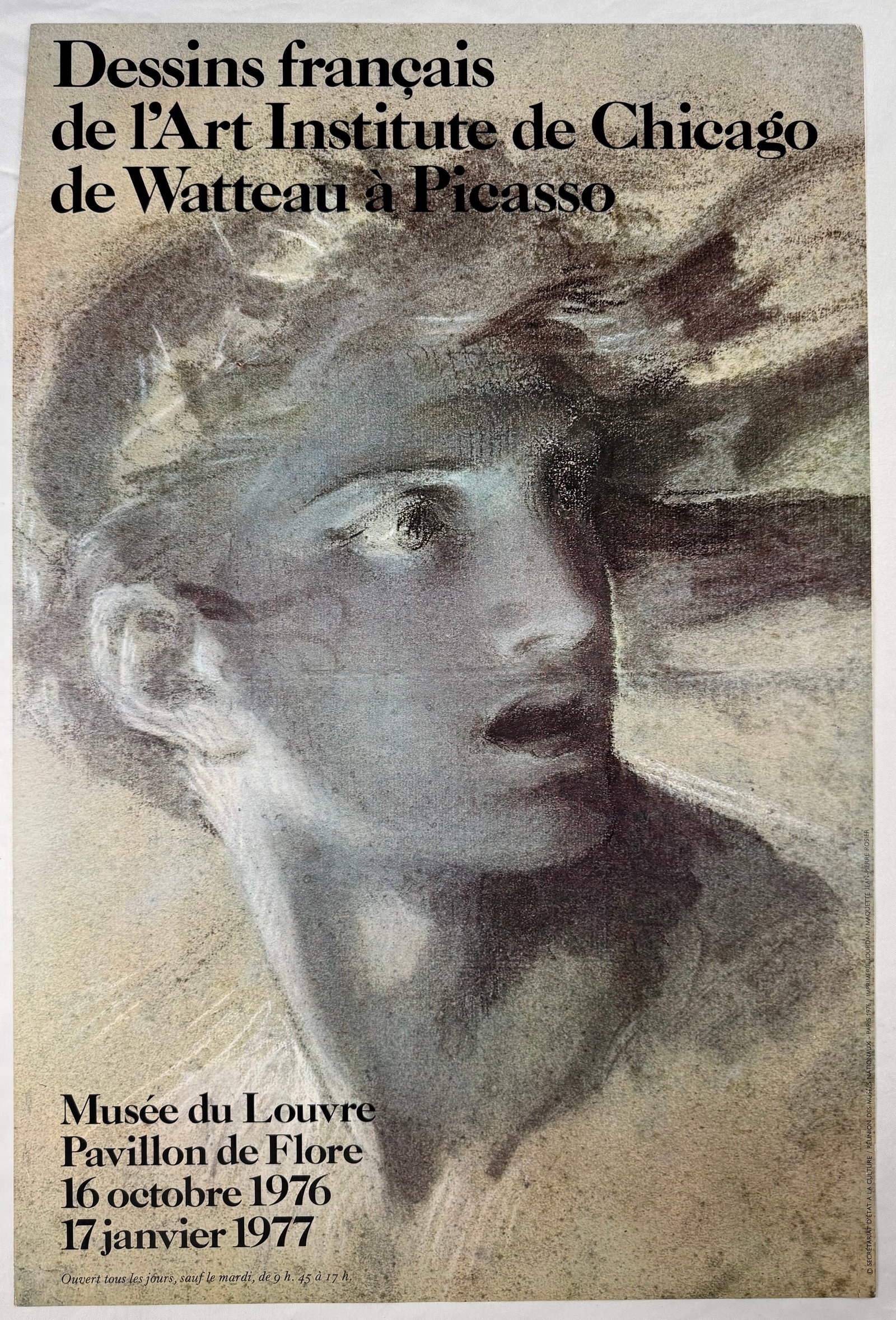 Dessins Francais Art Institute Chicago Watteau to Picasso Louvre Poster 1976 16x23.5": Poster titled "Dessins francais de l'Art Institute de Chicago de Watteau a Picasso." Includes exhibition dates October 1976 to January 1977 at Musee du Louvre.