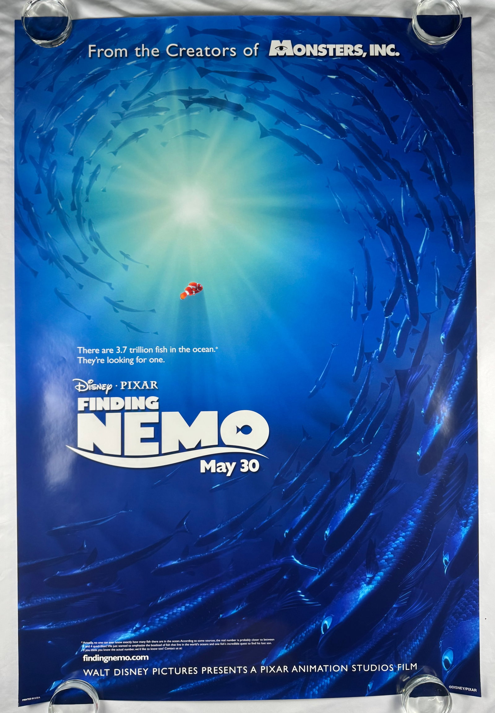 Finding Nemo 2003 Original Pixar One Sheet Teaser Poster DSS Double Sided 27x40": Finding Nemo is a 2003 American animated comedy-drama adventure film[2] directed by Andrew Stanton, who co-wrote it with Bob Peterson, and David Reynolds. Produced by Pixar Animation Studios for Walt 