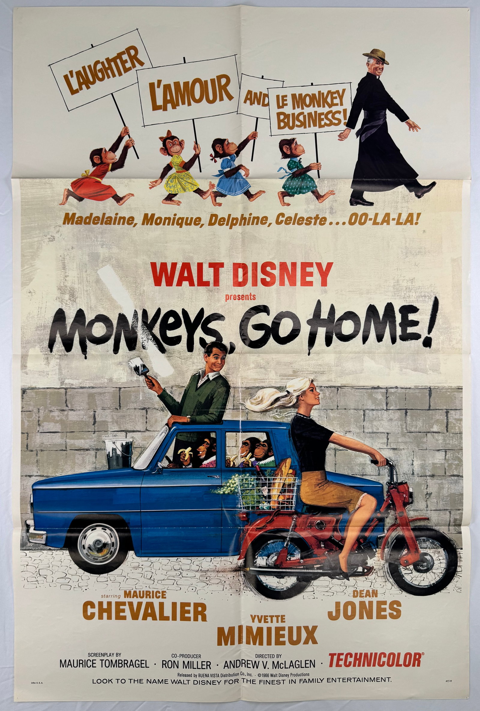 Monkeys Go Home (1967) 27x41" Original One Sheet Movie Poster Andrew V McLaglen: Monkeys Go Home is a 1967 Disney comedy directed by Andrew V. McLaglen and starring Maurice Chevalier and Yvette Mimieux. The poster shows playful monkey characters and a whimsical street scene. Ships