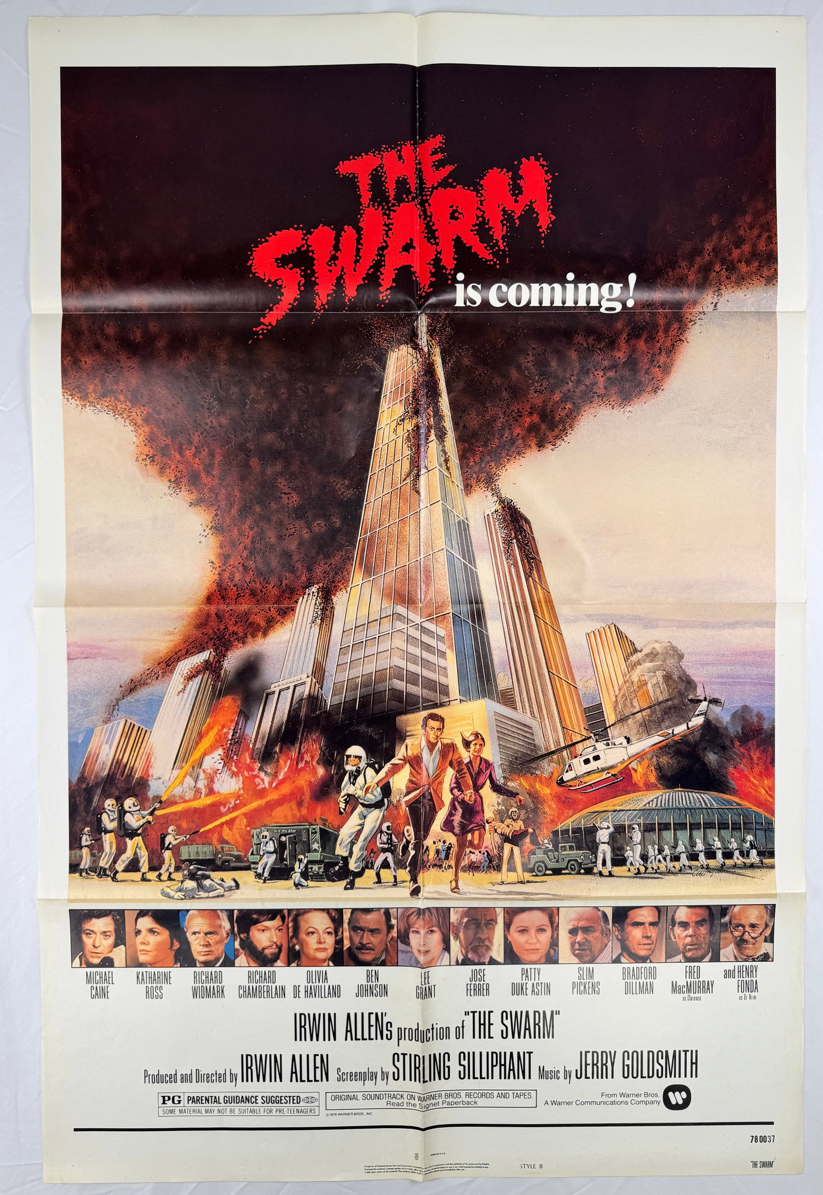 The Swarm (1978) 27x41" Original One Sheet Movie Poster Irwin Allen Michael Caine: The Swarm is a 1978 disaster film directed by Irwin Allen and starring Michael Caine, Katharine Ross, and Richard Widmark. The poster depicts a city under attack by a massive swarm with explosive visu