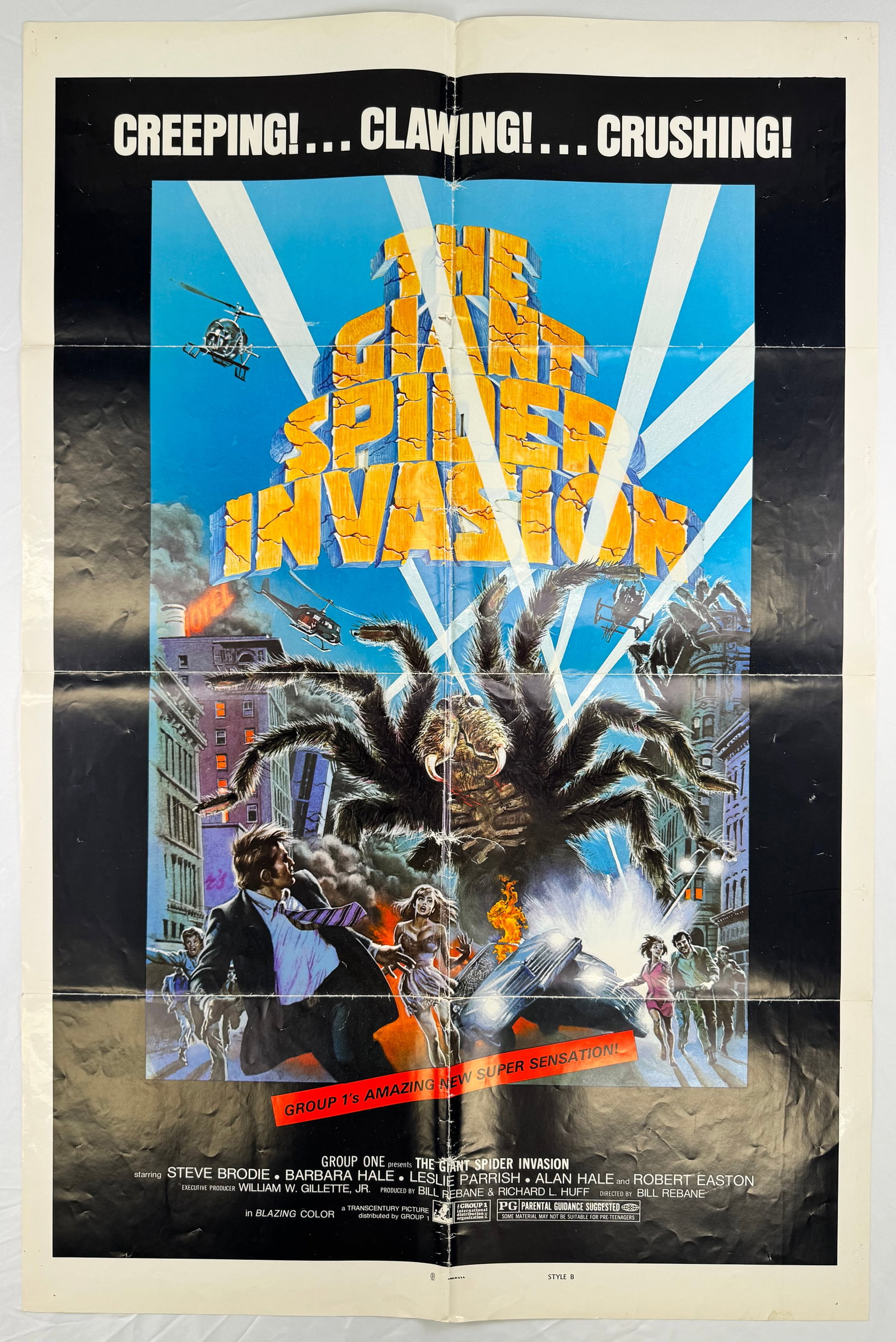 The Giant Spider Invasion (1975) 27x41" One Sheet Movie Poster Bill Rebane: The Giant Spider Invasion is a 1975 sci-fi horror film directed by Bill Rebane and starring Steve Brodie and Barbara Hale. The poster features a massive spider attacking a city with helicopters and fl