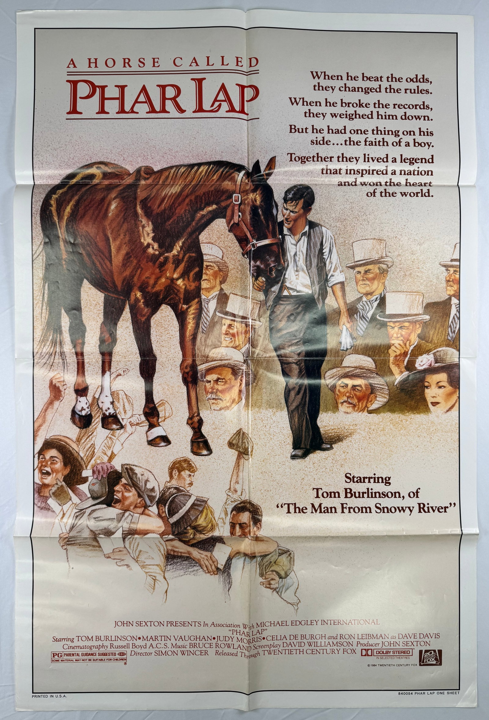A Horse Called Phar Lap (1983) 27x41" Original One Sheet Movie Poster Wincer: A Horse Called Phar Lap is a 1983 biographical drama directed by Simon Wincer and starring Tom Burlinson. The poster depicts the famous racehorse Phar Lap alongside period figures and racing imagery. 